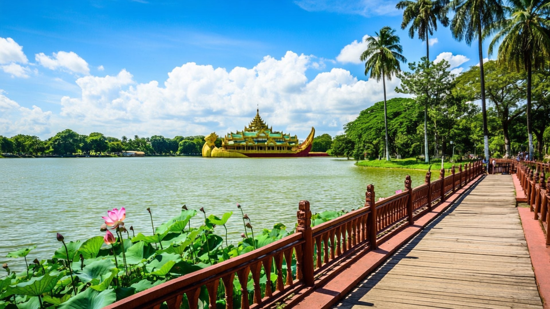 Kandawgyi Lake Boardwalk 壁紙 — 一條兩旁種滿棕櫚樹的木棧道通向一艘漂浮在寧靜湖面上的金色龍舟，上方是藍天白雲。