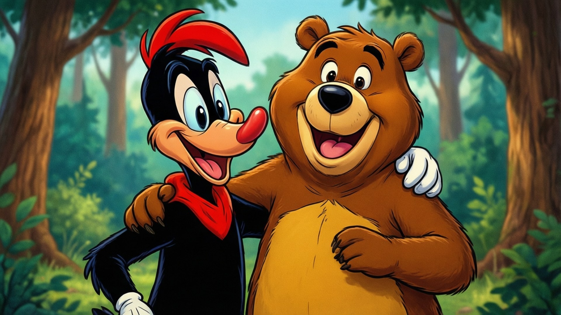 Best Friends Forever 壁紙 — 啄木鳥和一隻棕熊在陽光明媚的森林中快樂地擁抱，森林裡有高大的樹木和綠色的樹葉。