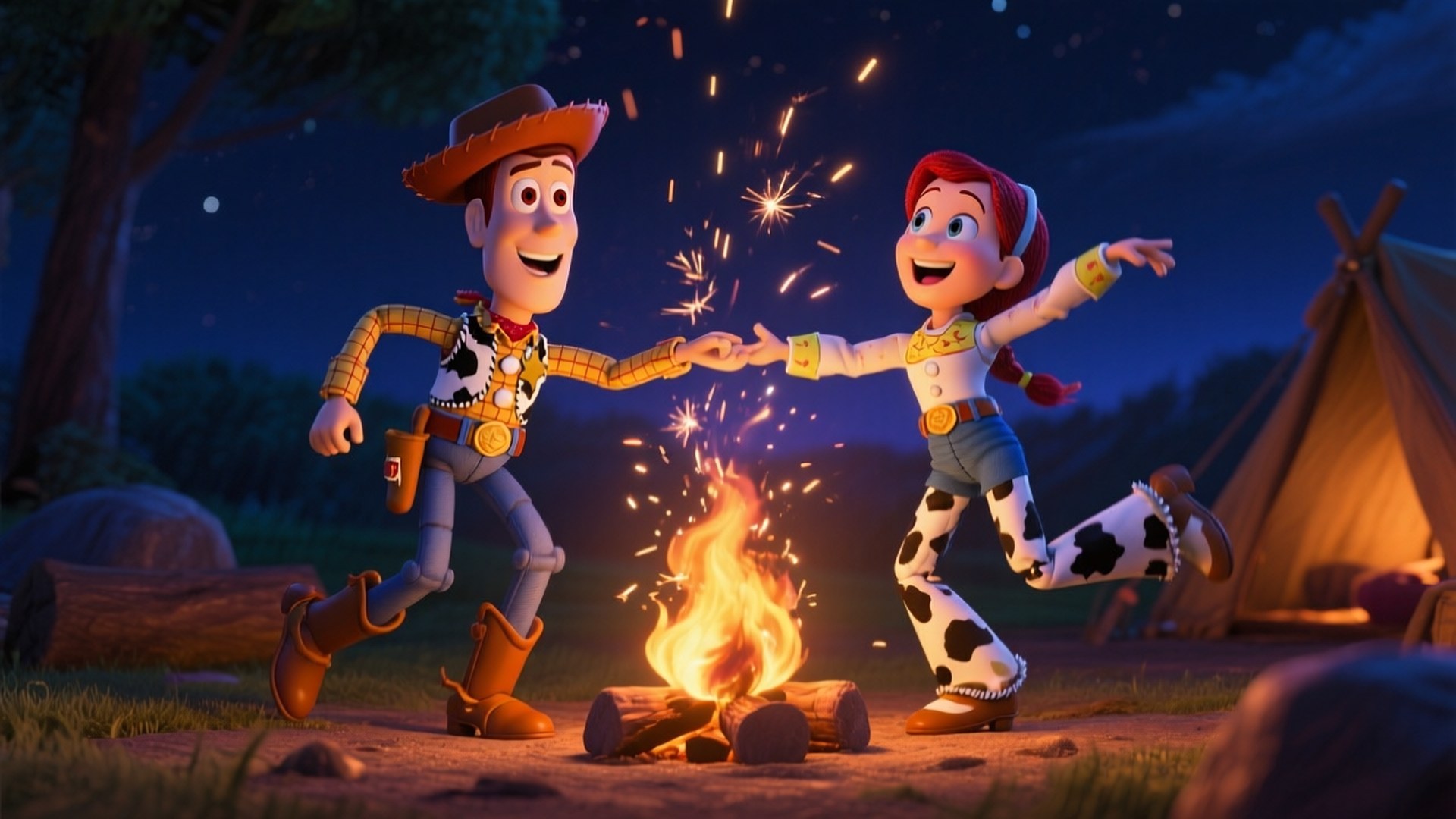 Campfire Dance 壁紙 — 胡迪和潔西在星空下圍著營火快樂地跳舞，火花四濺。