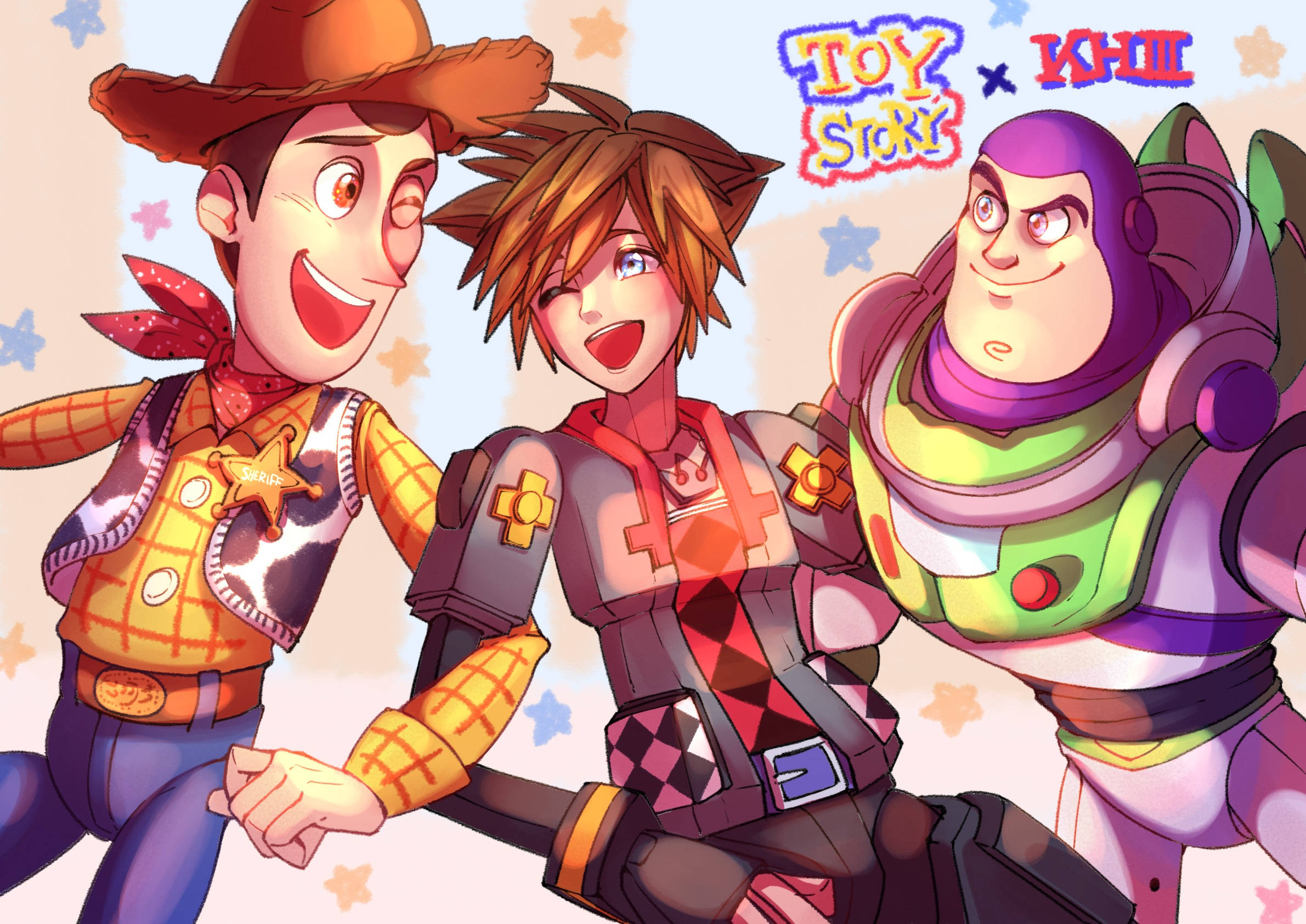 Kingdom Hearts 3 桌布 壁紙 — Woody Buzz Lightyear 和一個王國之心角色在星空粉彩背景前愉快地一起擺姿勢。