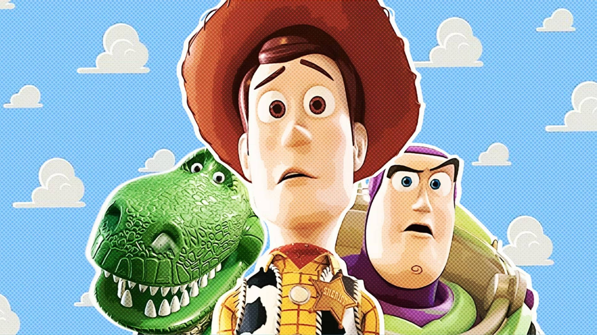 rex 桌布 壁紙 — Woody Buzz Lightyear 和 Rex 以卡通風格站在藍天白雲前。