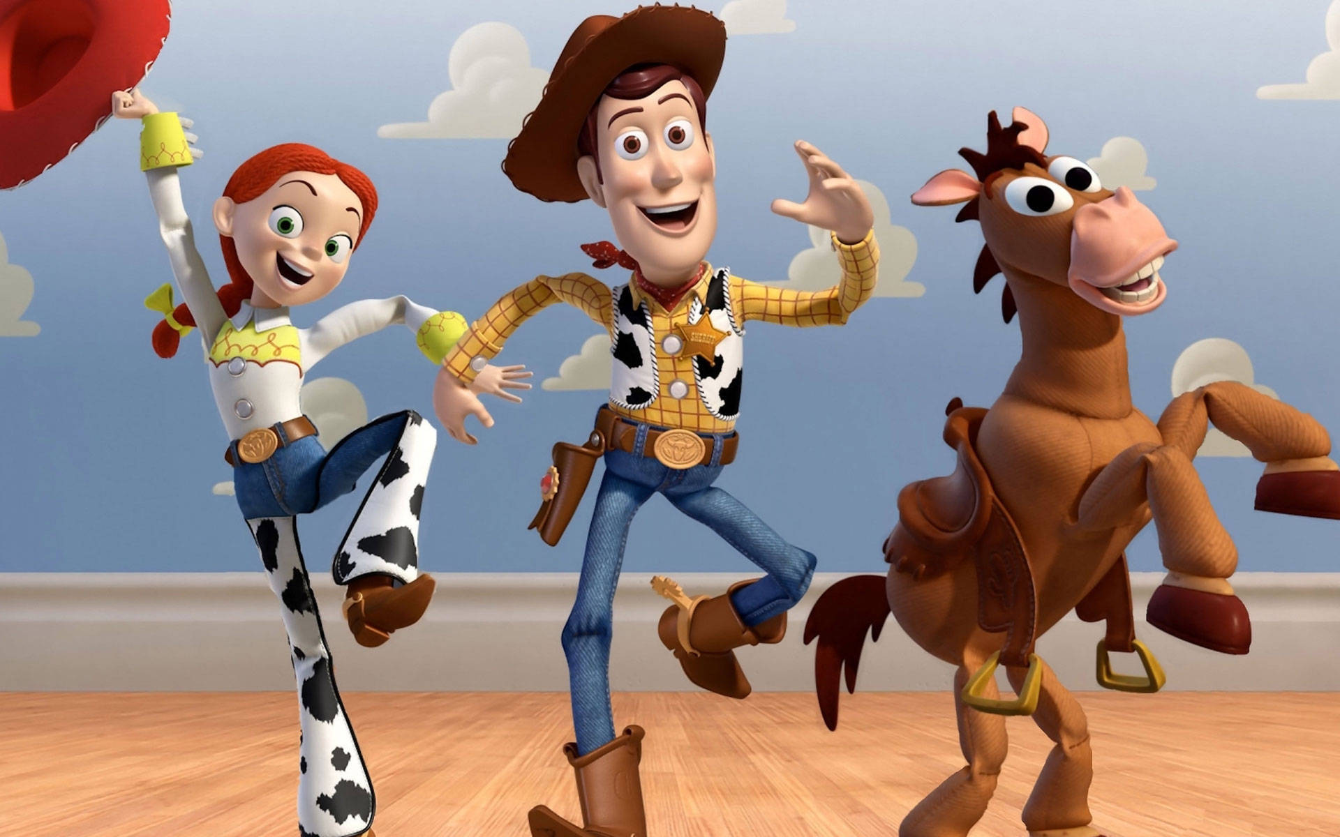 Toy Story 3 桌布 壁紙 — Woody Jessie 和 Bullseye 馬在明亮的卡通房間裡快樂地跳舞，房間有木地板和藍天背景。
