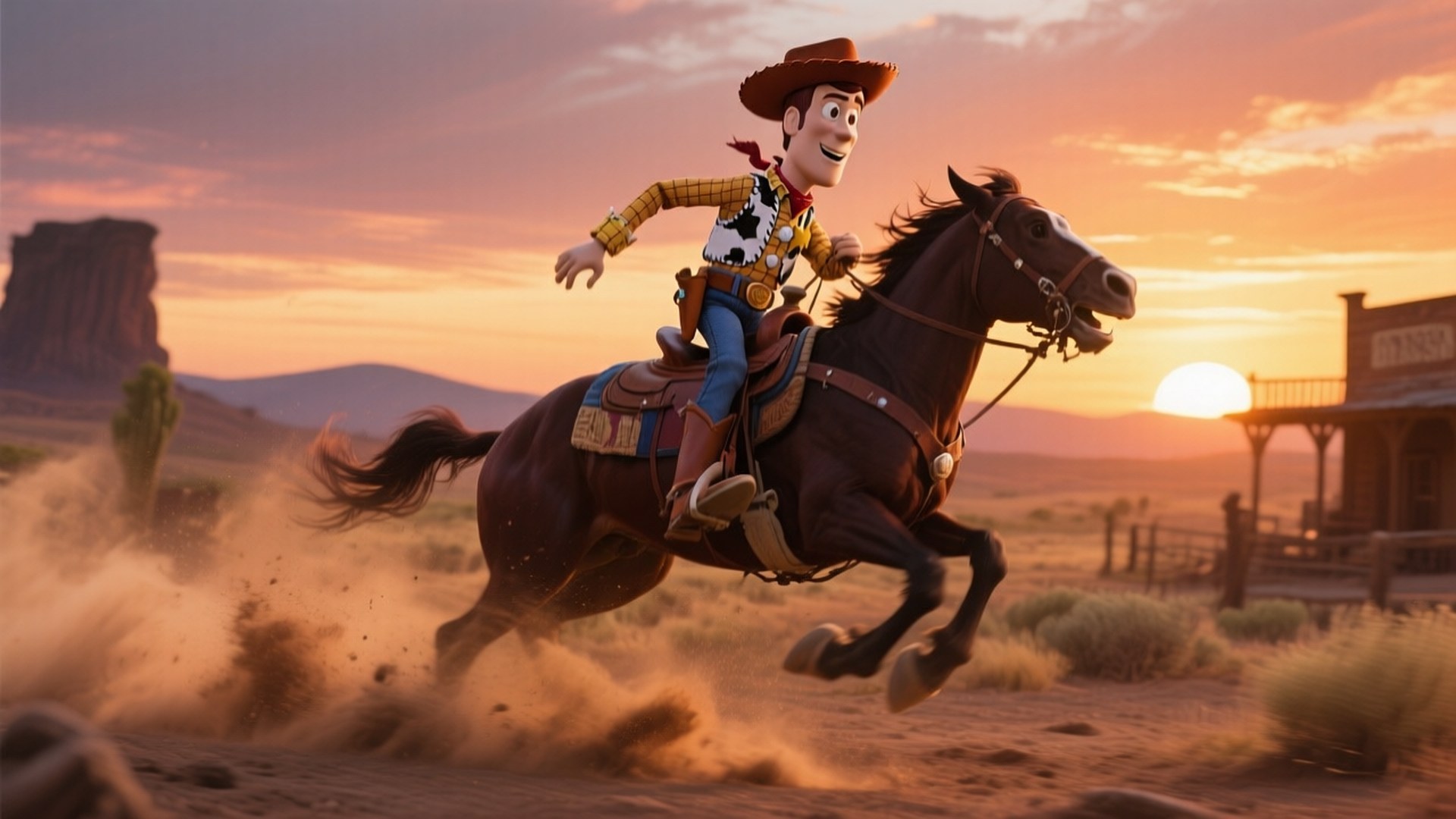 Riding Bullseye 壁紙 — 胡迪在日落時分騎著馬穿過一個塵土飛揚的西部小鎮，背景有沙龍和岩石 formations。