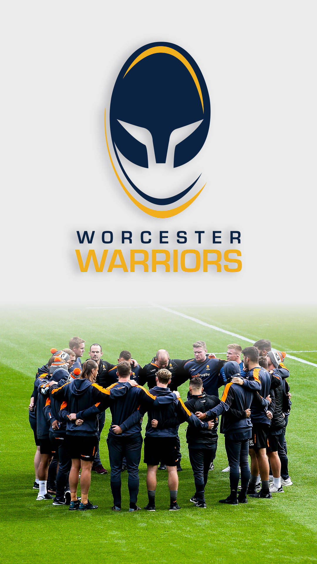橄欖球 桌布 壁紙 — Worcester Warriors 橄欖球隊在明亮的日光下緊密地聚集在充滿活力的綠色草地上。