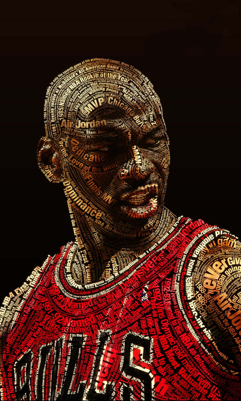 麥可喬丹的肖像，由關於他籃球生涯的文字組成。 — Air Jordan 壁紙