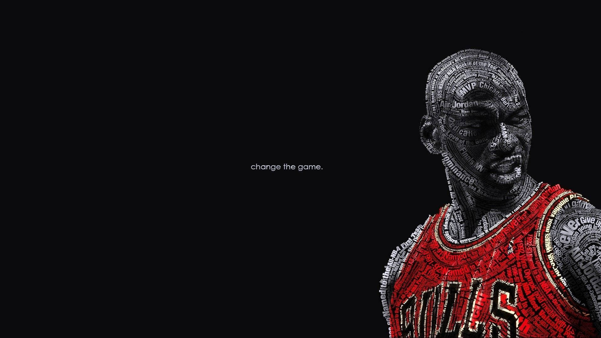 麥可喬丹身穿由文字組成的公牛隊球衣，短語為change the game。 — Jordan Logo 壁紙