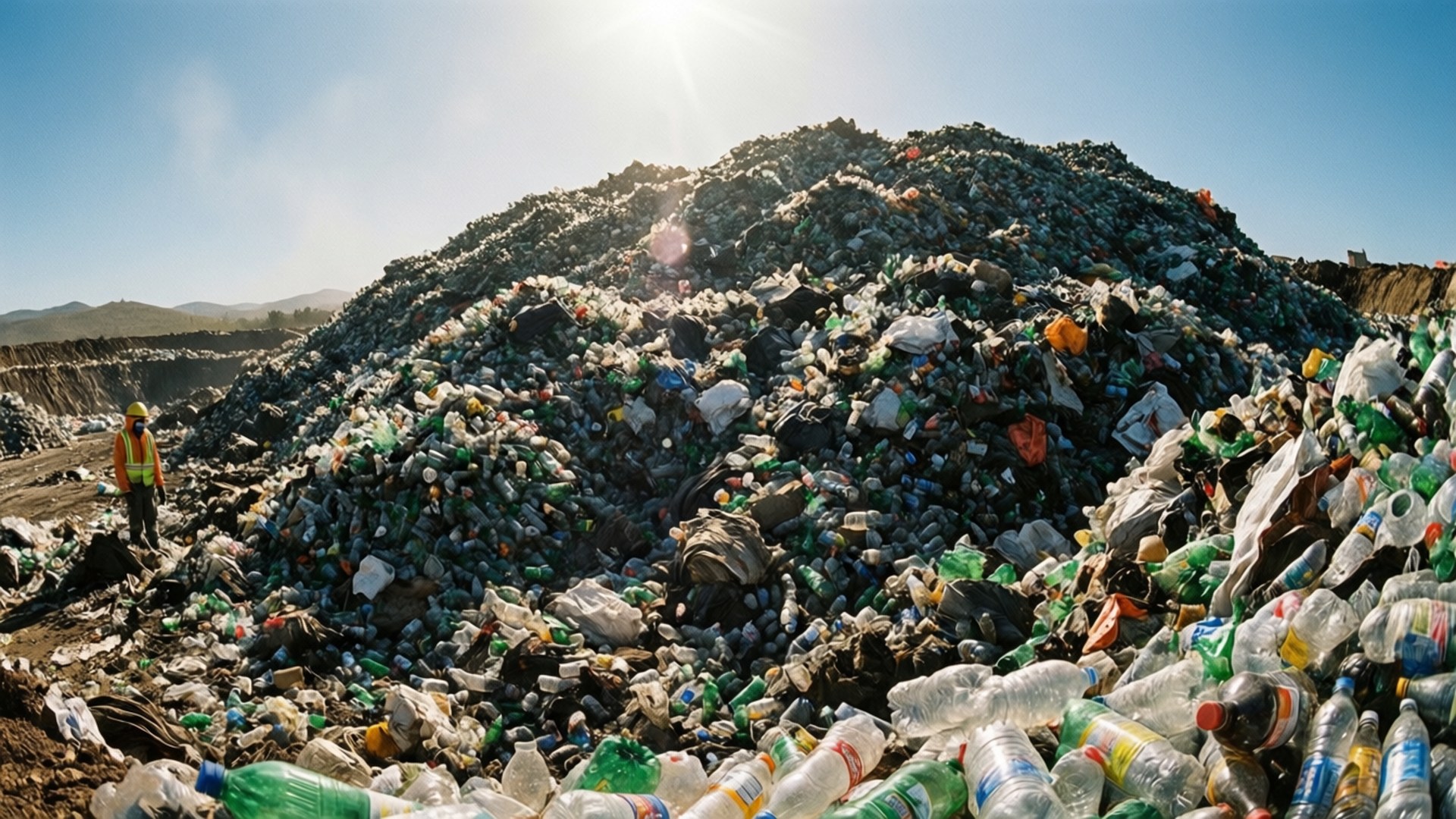 Plastic Pollution 桌布 壁紙 — 一名身穿亮橙色背心的工人站在烈日下堆積如山的塑膠瓶和垃圾前。