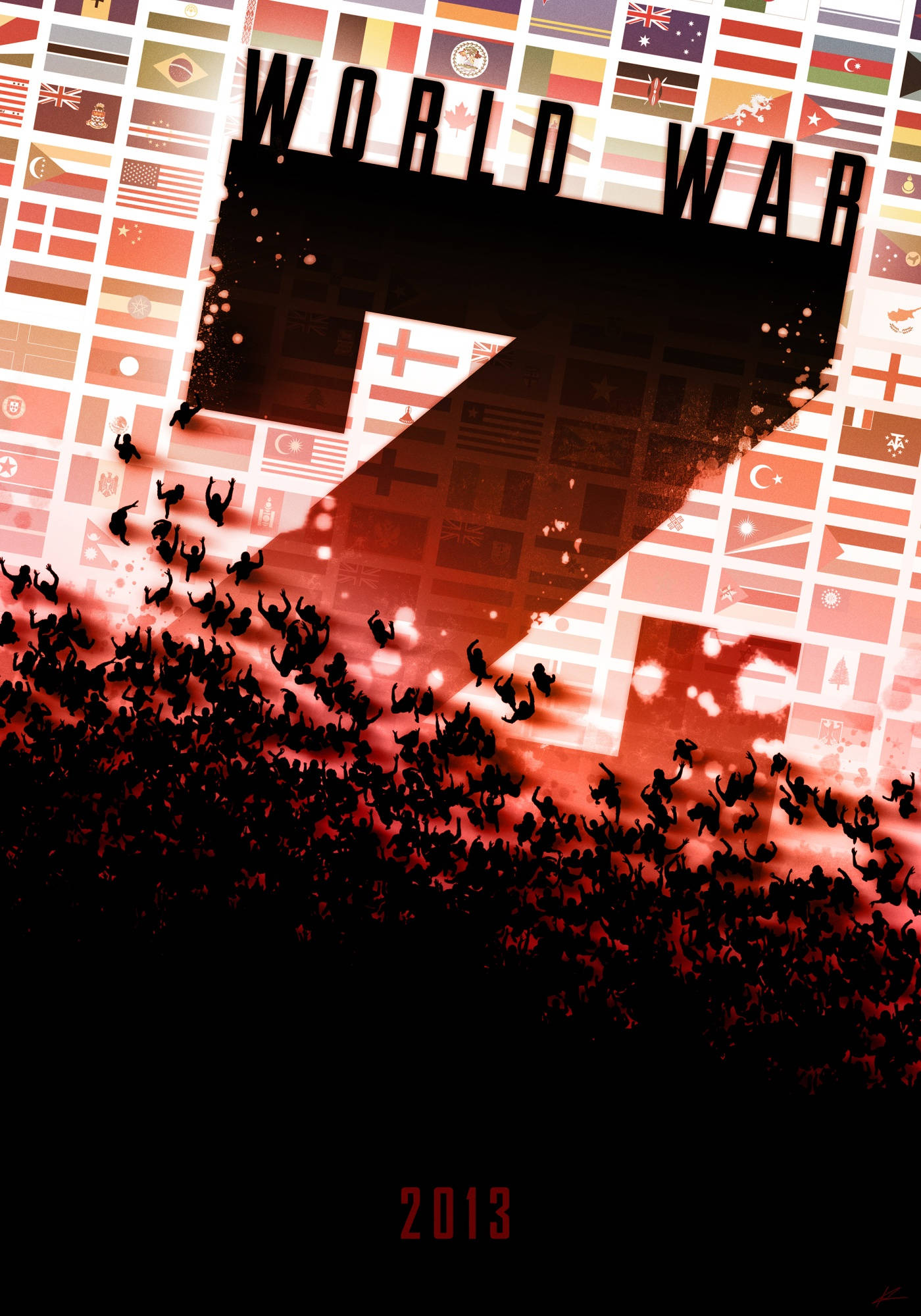 world war z 4K 桌布 壁紙 — World War Z 的戲劇性海報顯示，在發光的紅色天空下，大規模的殭屍群湧過全球旗幟的網格。