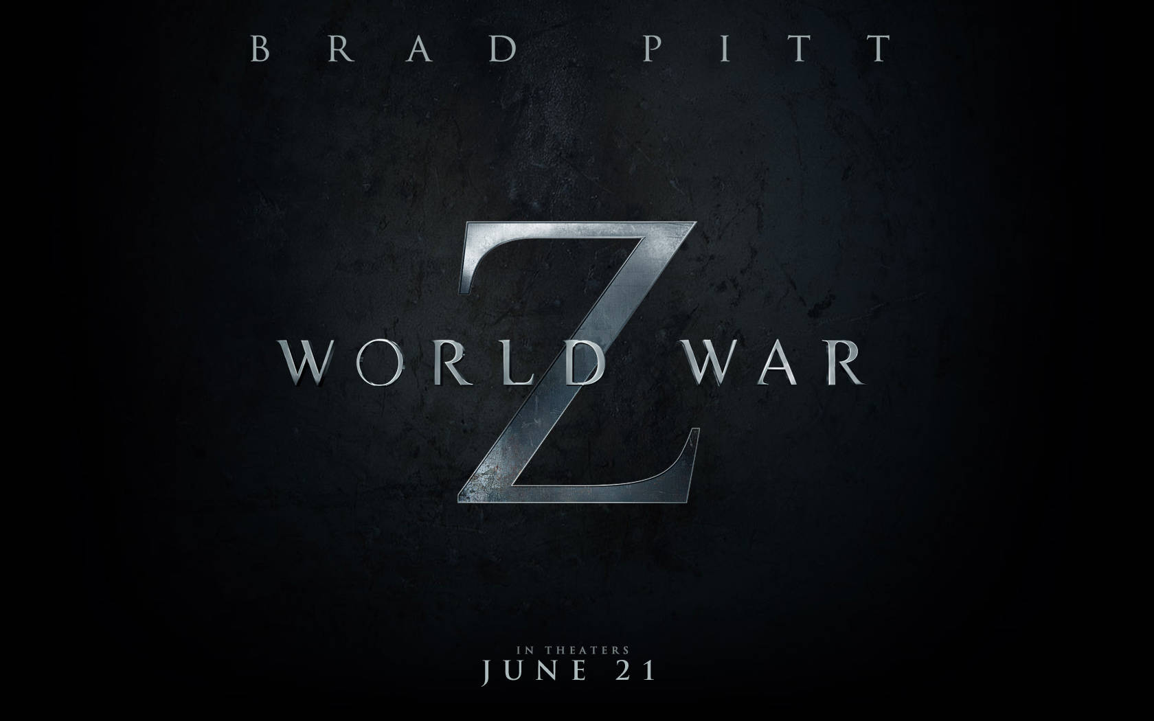 World 桌布 壁紙 — 《World War Z》的深色紋理海報，帶有金屬Z和布萊德彼特的名字，以鮮明的銀色字體呈現。