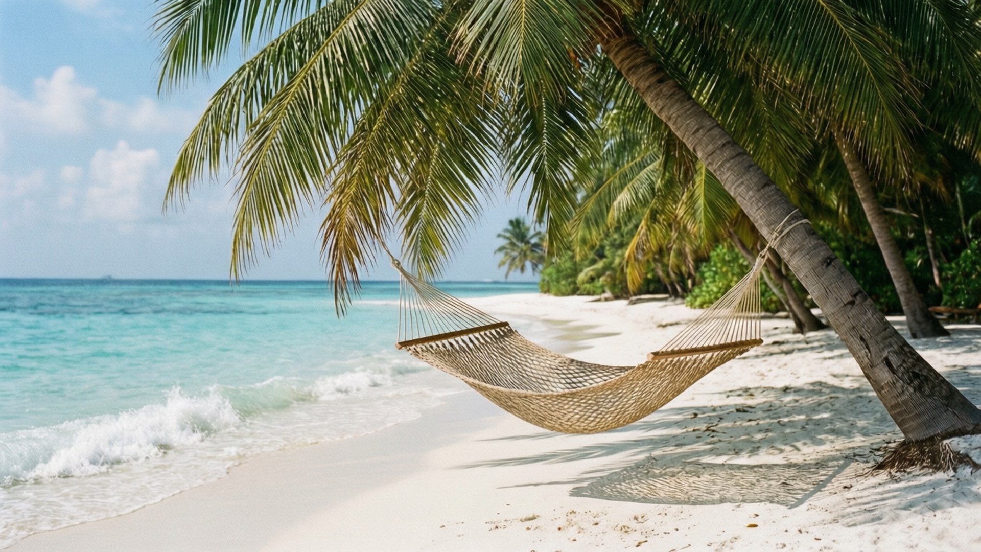 Beach Hammock Relaxation 壁紙 — 一張編織吊床掛在棕櫚樹之間，白色沙灘上，碧綠的海浪在附近拍打。