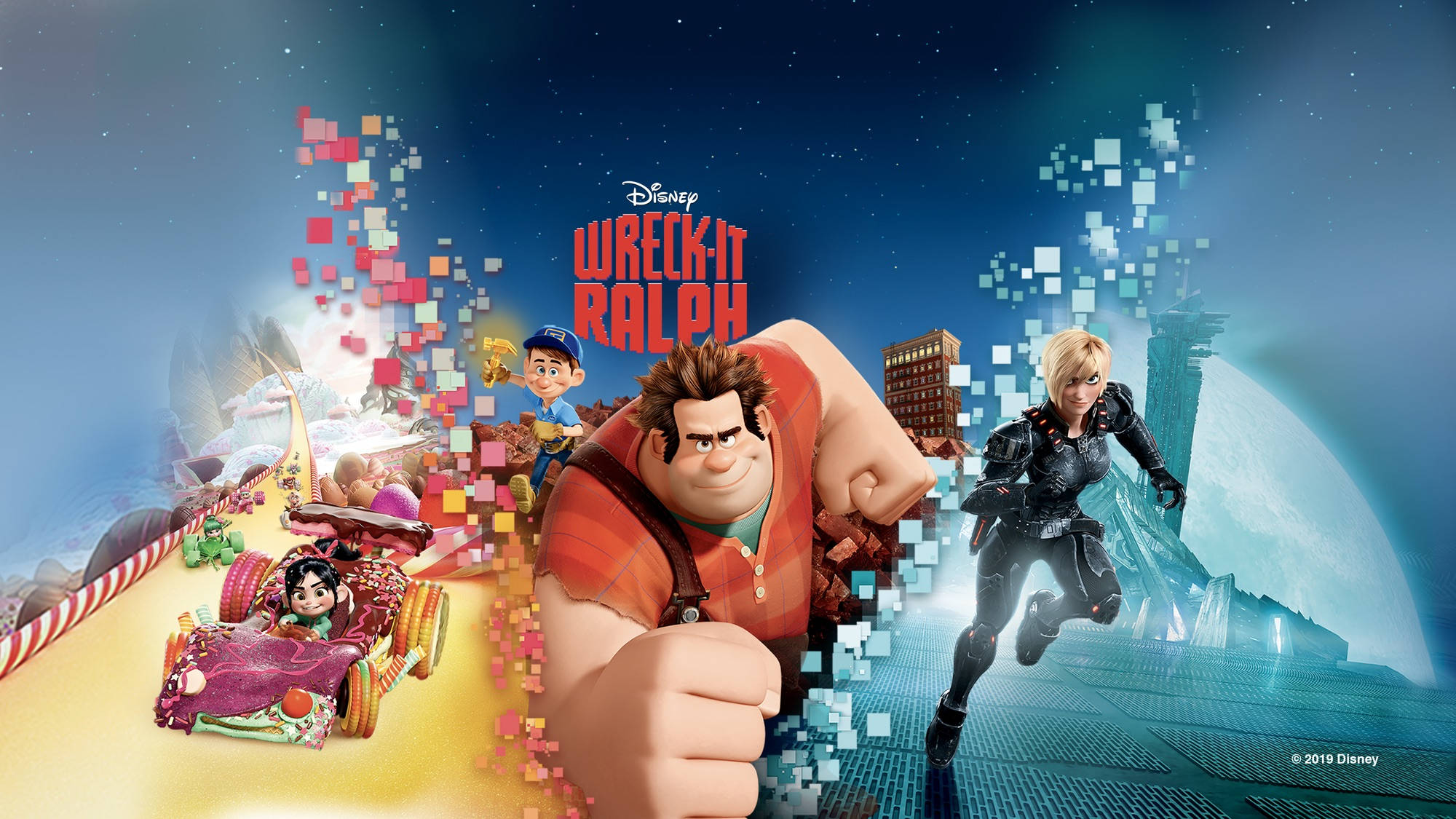 ralph 桌布 壁紙 — Wreck-It Ralph 和 Fix-It Felix Jr. 英雄般地站在一個充滿遊戲角色和發光數位效果的鮮豔像素化街機世界中。
