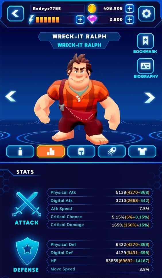 Game Design 桌布 壁紙 — Wreck-It Ralph 站在一個帶有發光統計數據和藍色霓虹燈 UI 元素的數位遊戲介面中。