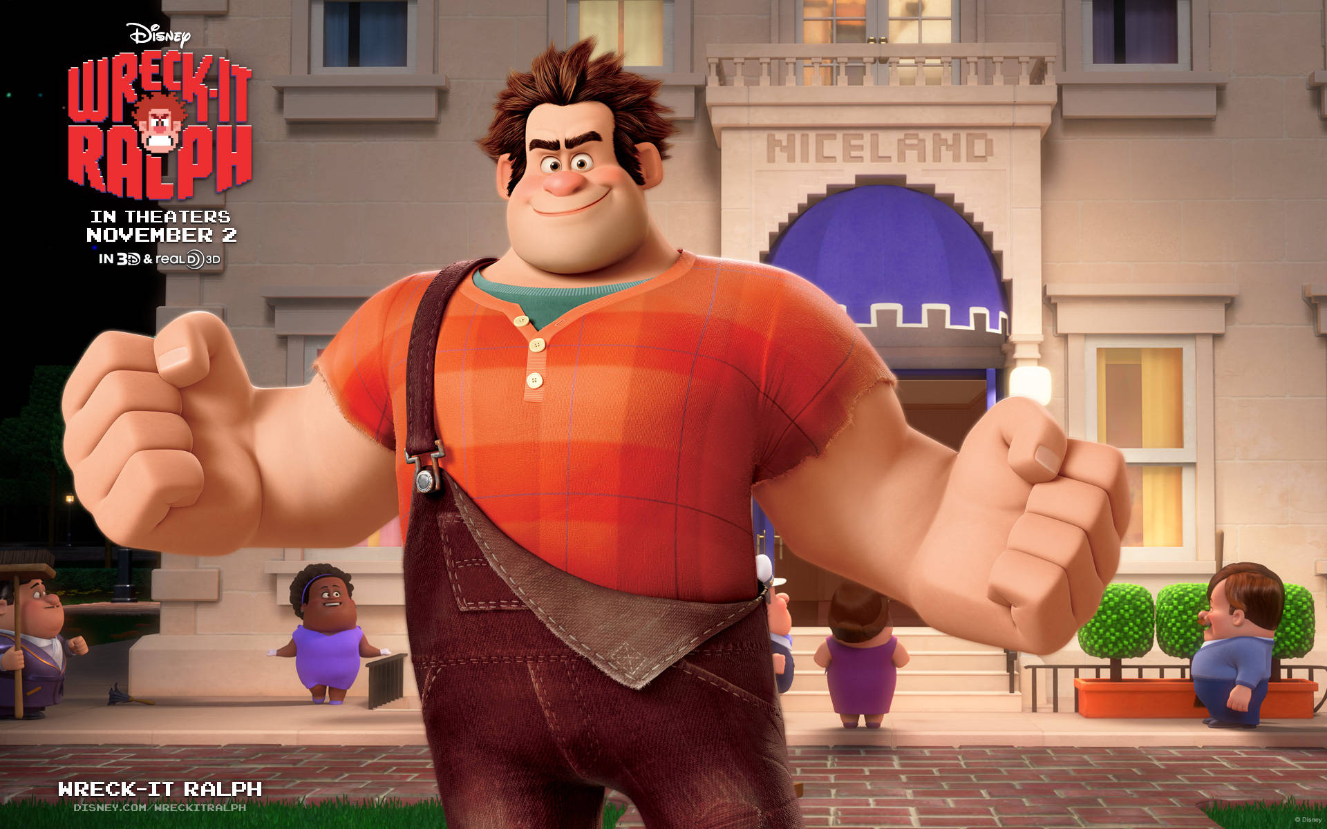 ralph 桌布 壁紙 — Wreck-It Ralph 自信地站在 Niceland 的大樓前，舉起拳頭，周圍是小鎮居民，構成一個充滿活力的動畫場景。