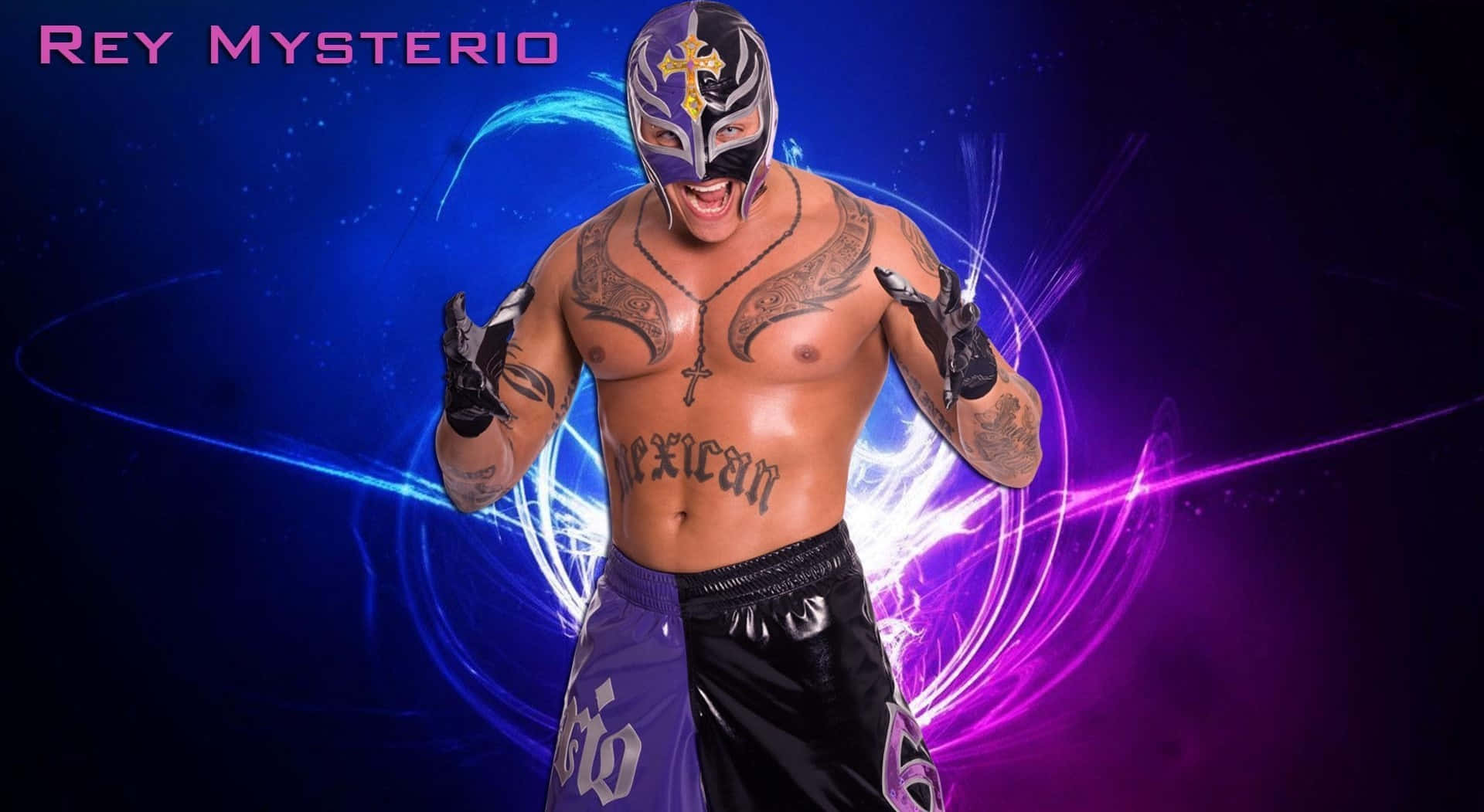 壁紙 — 摔角手 Rey Mysterio 身穿標誌性面具和短褲，在充滿活力的藍色和紫色能量漩渦背景下動態擺姿勢。
