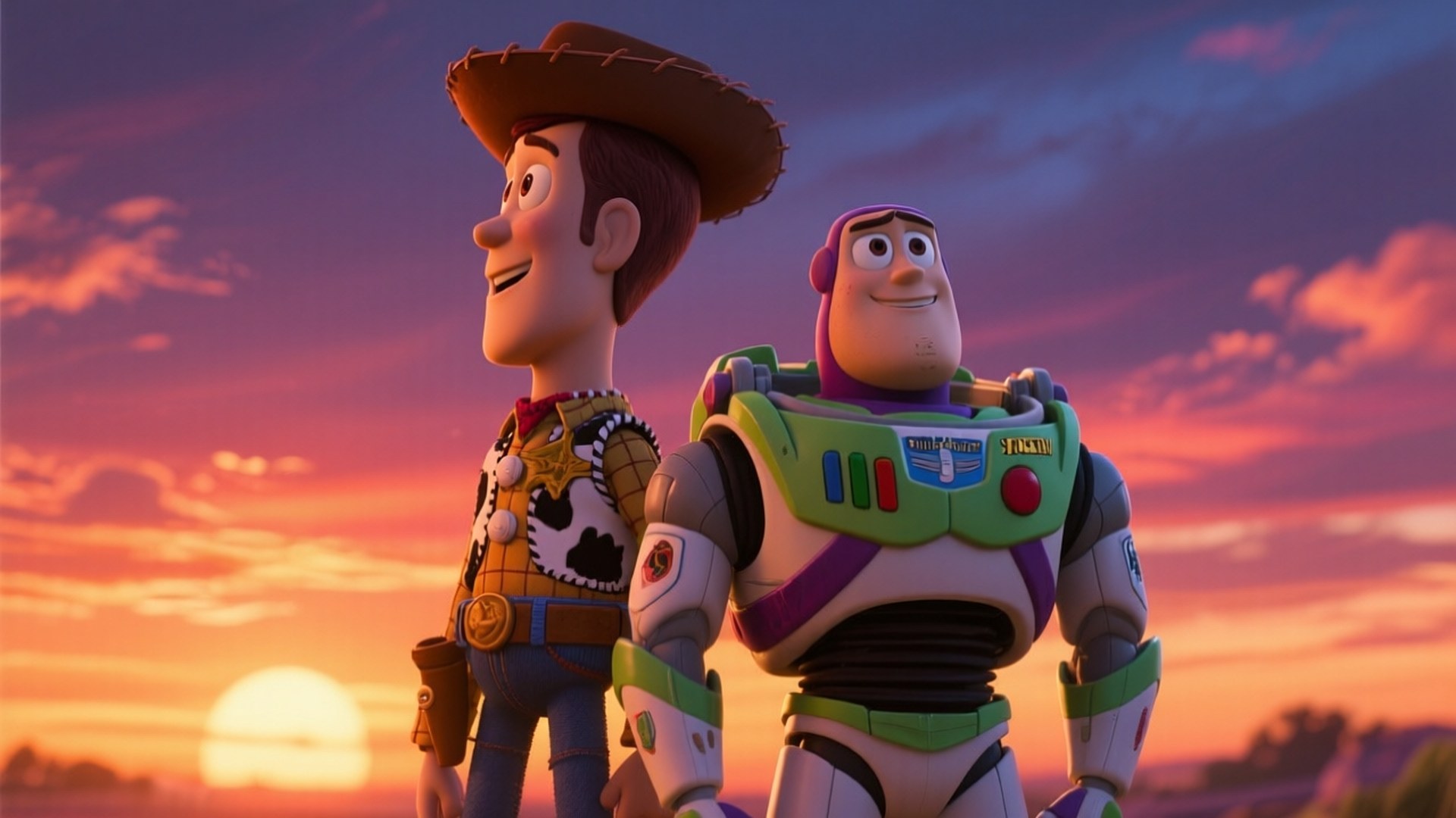 Woody and Buzz Sunset 壁紙 — 胡迪和巴斯光年並肩而立，背景是充滿活力的日落天空，有橙色、粉紅色和紫色的雲彩。