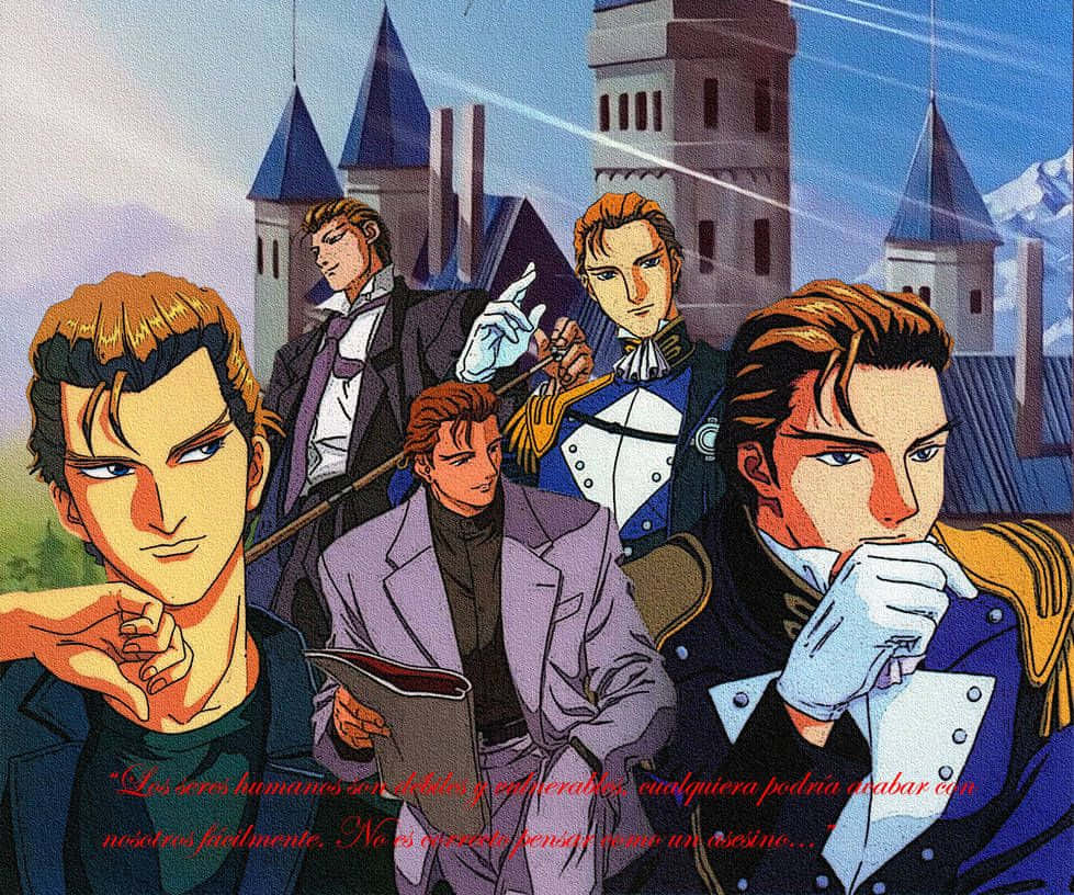  壁紙 — 五個穿著正式服裝的動漫男子站在城堡前，背景是白雪覆蓋的山脈和明亮的天空。