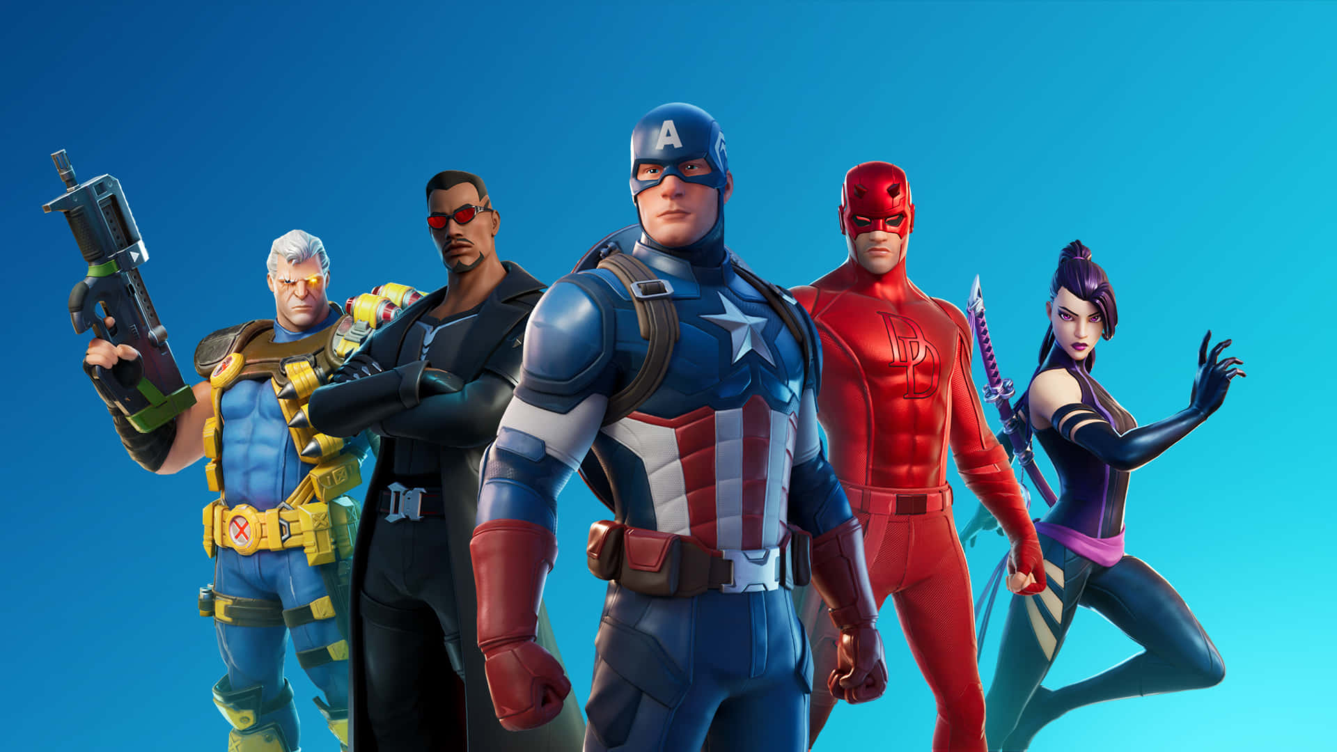  壁紙 — 五個穿著超級英雄服裝的Fortnite角色自信地站在漸變藍色背景前。