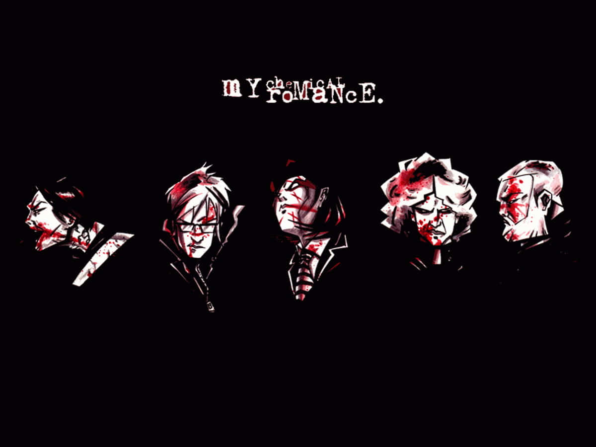  壁紙 — 五個風格化的樂團成員，黑色背景上有血跡，下方有「My Chemical Romance」文字。