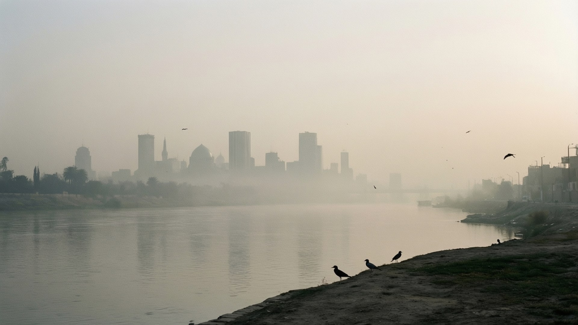 Misty Baghdad Morning 壁紙 — 霧濛濛的黎明，寬闊的河流上，岸邊有剪影般的鳥兒，遠處是朦朧的城市天際線。