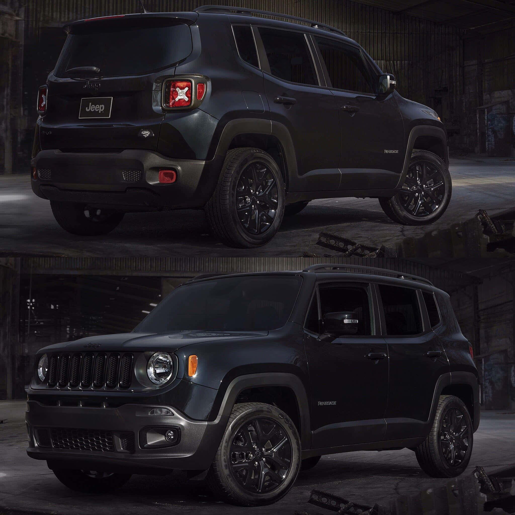 Jeep Renegade 桌布 壁紙 — 一輛霧面黑色Jeep Renegade SUV在昏暗的工業倉庫內從後方和前方角度展示。