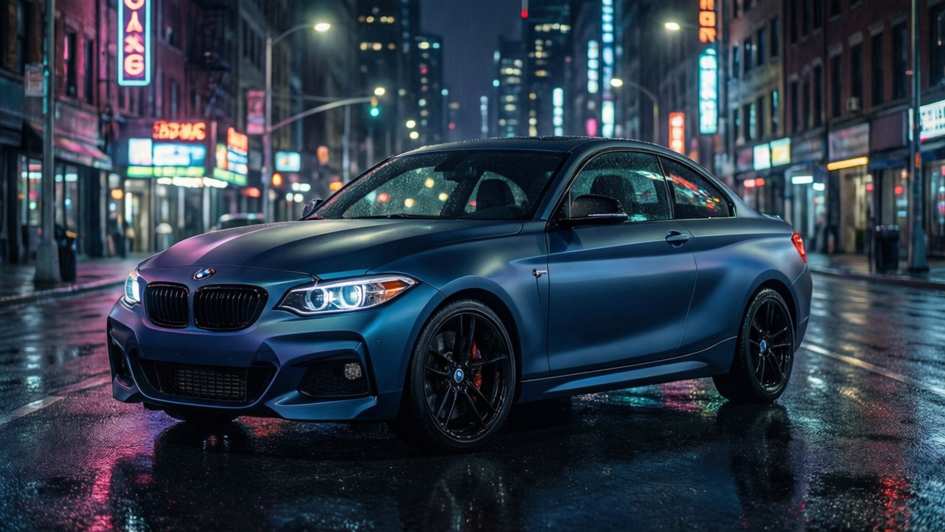Bmw 2 Series 桌布 壁紙 — 一輛霧面藍色BMW跑車在夜晚潮濕的城市街道上，在霓虹燈下閃閃發光。