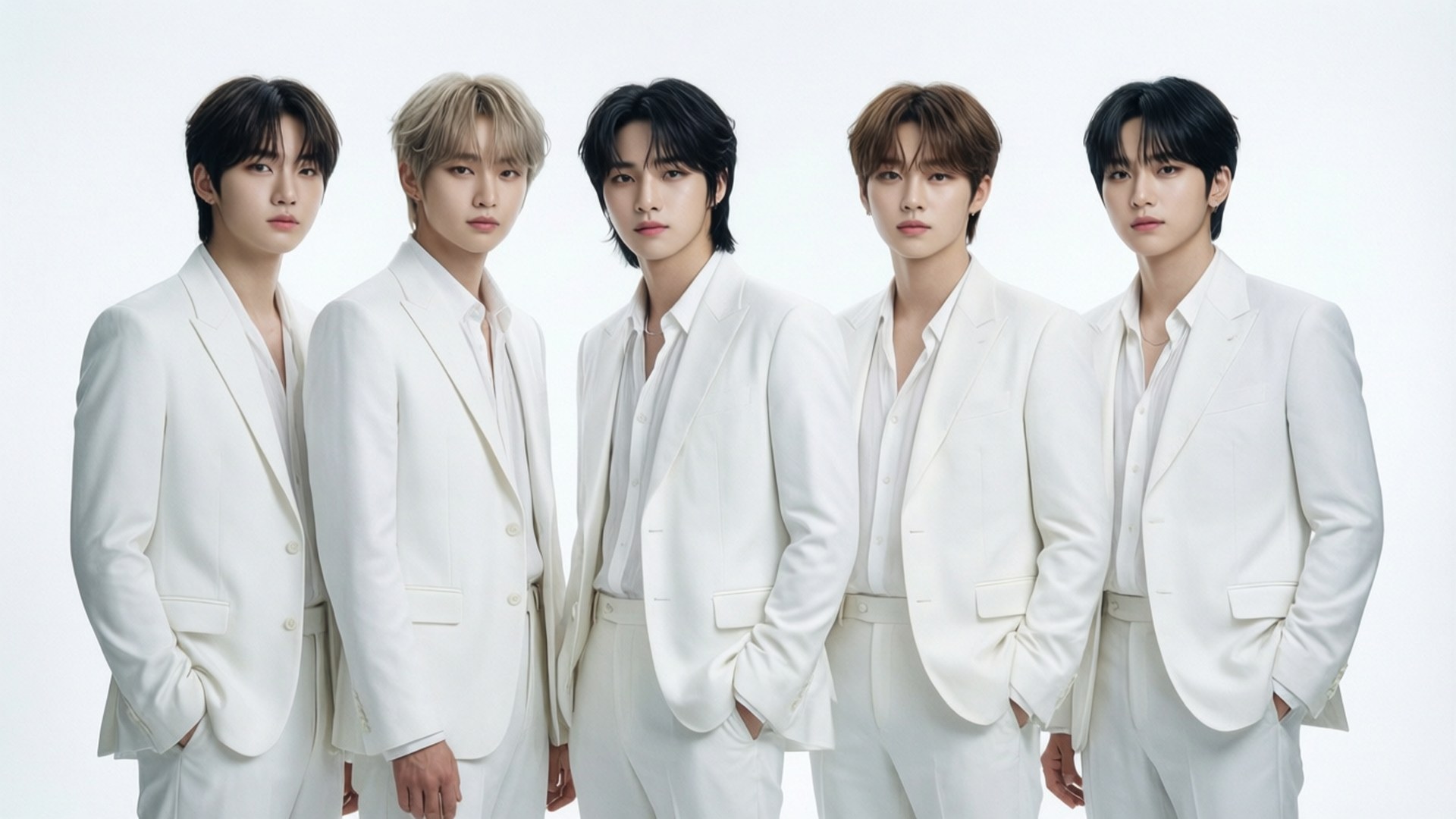 White Angelic Suits 壁紙 — 五名年輕男子身穿相配的白色西裝，自信地站在純白色背景前。