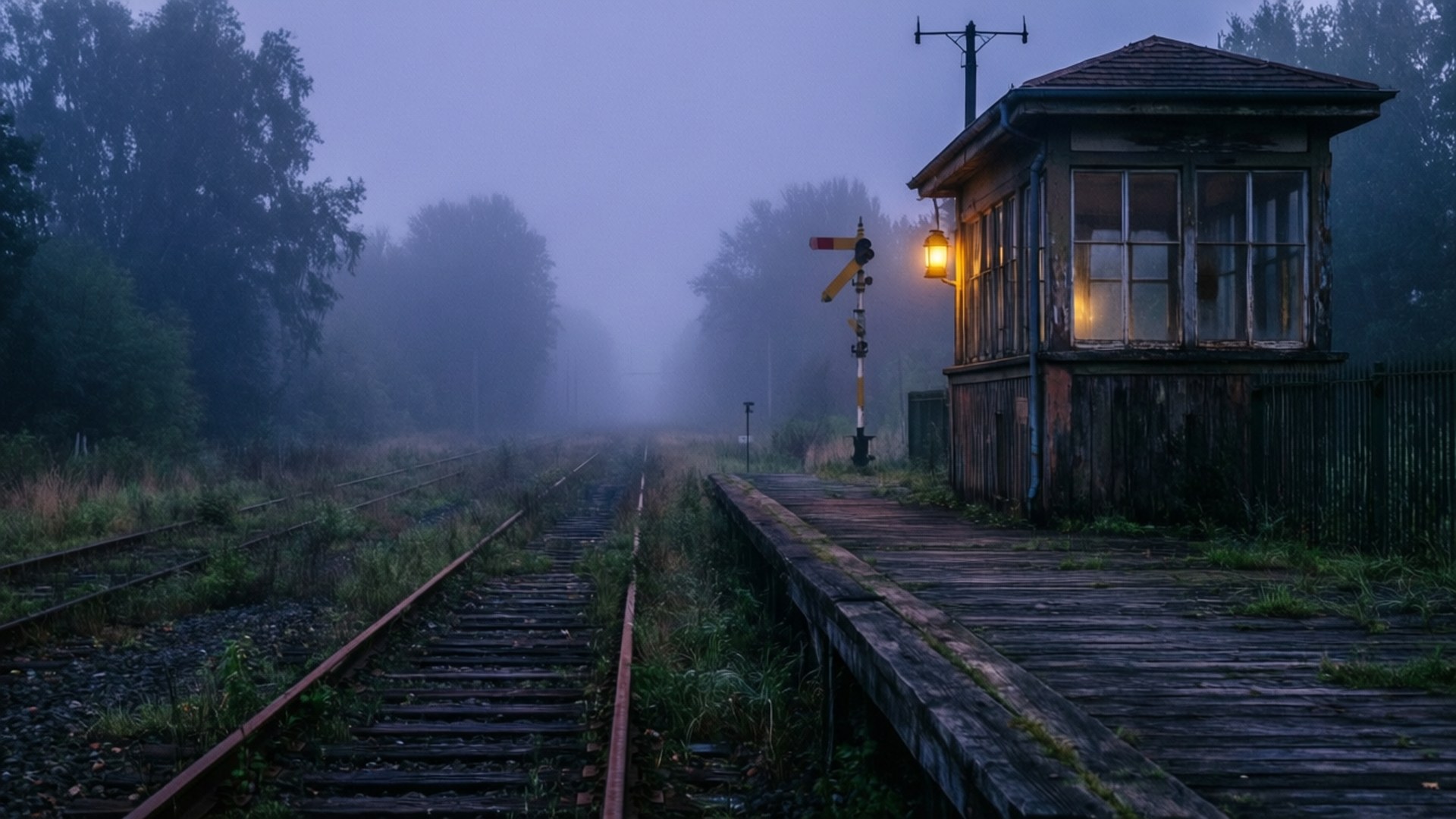 Railway 桌布 壁紙 — 霧氣籠罩的黎明包圍著一個廢棄的火車站，一盞發光的燈籠照亮了風化的信號箱和生鏽的軌道。