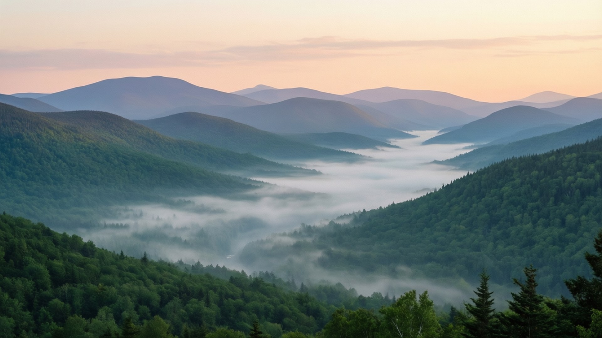 Misty Vermont Mountains 壁紙 — 霧氣籠罩的黎明覆蓋了連綿起伏的綠色山脈之間的山谷，天空呈現柔和的桃色和藍色。