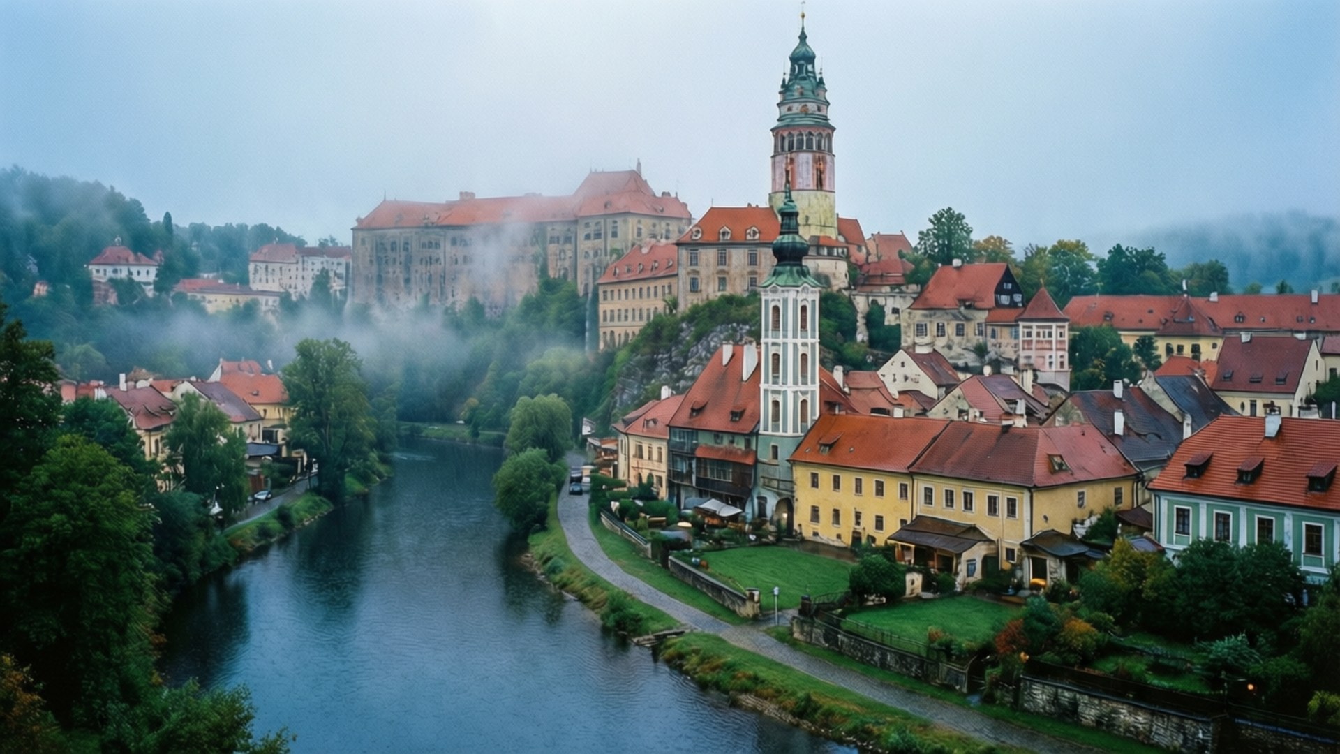 Misty Cesky Krumlov Morning 壁紙 — 霧氣籠罩的早晨，環抱著一個河邊小鎮，鎮上有紅頂建築和一座坐落在山丘上的城堡。