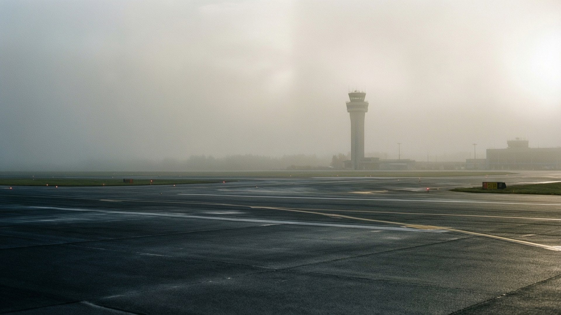 Foggy Morning 壁紙 — 霧氣瀰漫的機場停機坪，控制塔在蒼白天空下的迷霧中高高聳立。