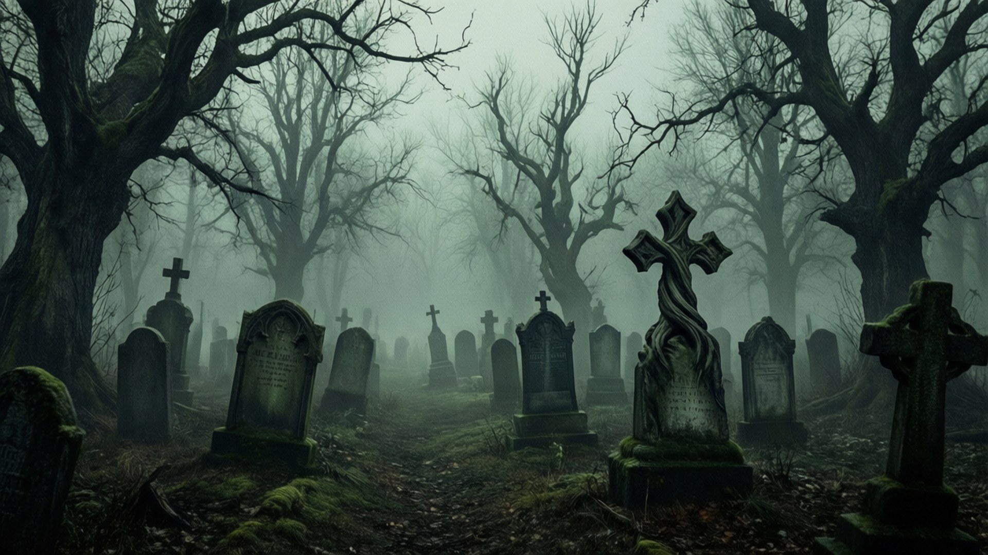 Twisted Cemetery Mist 壁紙 — 霧氣瀰漫的墓地，有扭曲的無葉樹木和長滿青苔的墓碑，在灰色陰天天空下。