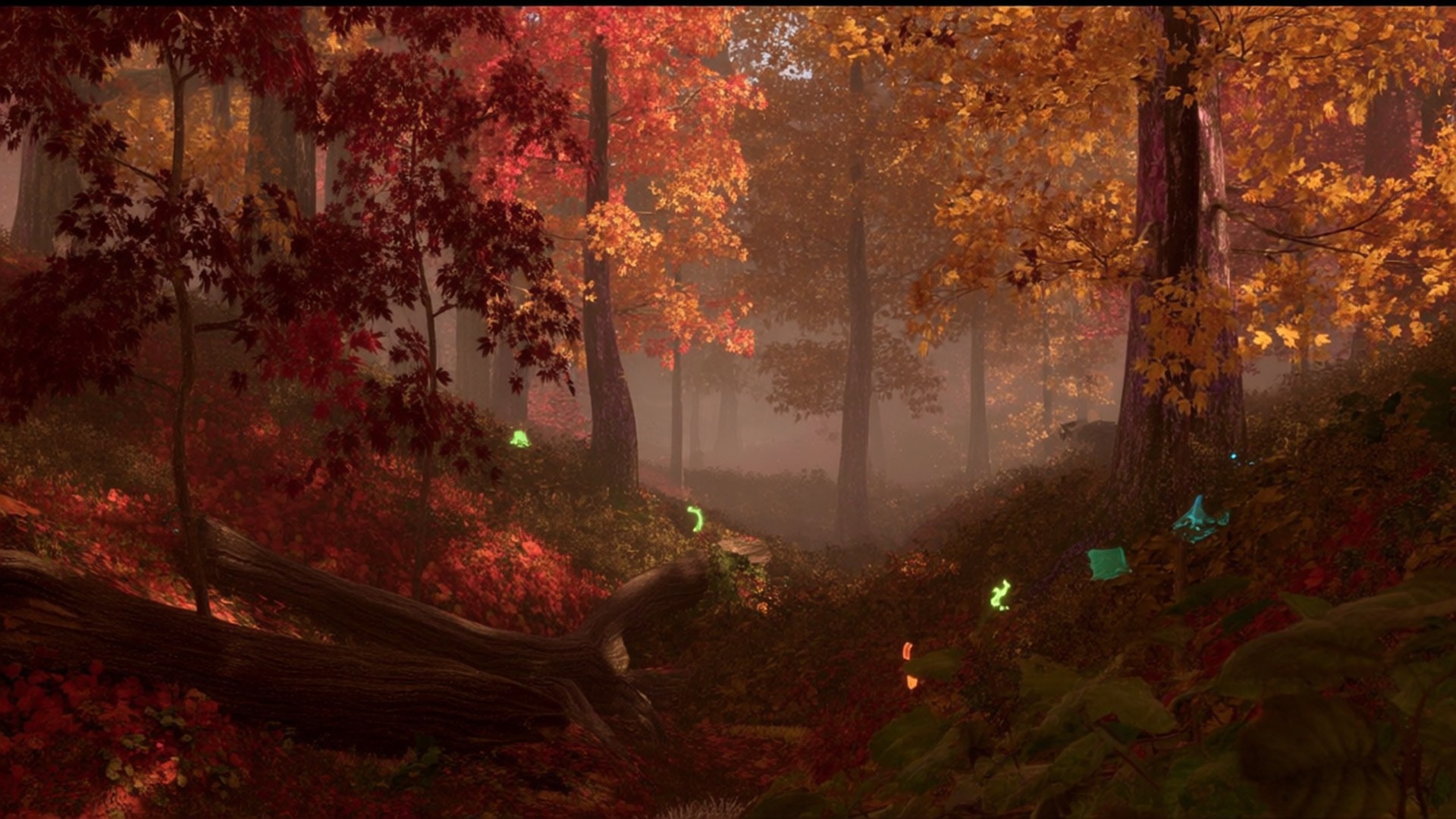 Autumn in the Forest 壁紙 — 霧氣瀰漫的秋日森林，火紅和金黃的樹葉在朦朧的天空下柔和地閃耀。