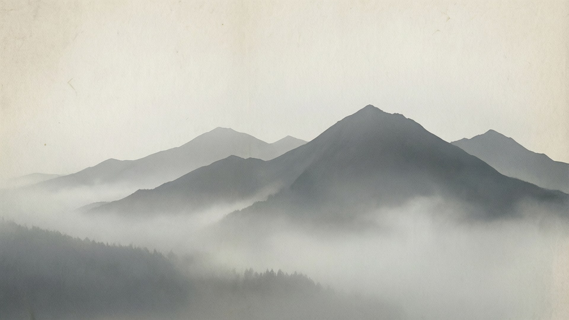 Gray Mountain Fog 壁紙 — 霧氣瀰漫的山巒在柔和的灰色調和質感復古紙張背景中升起。