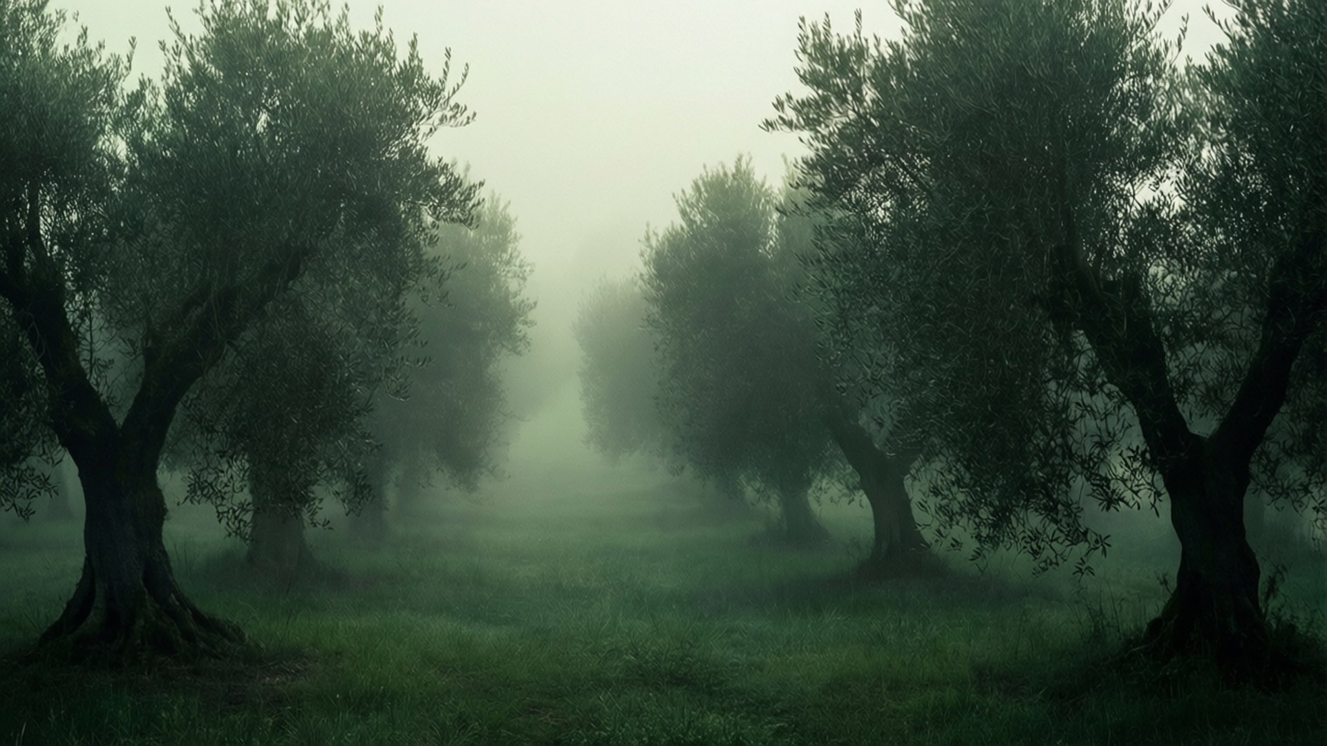 Misty Olive Grove 壁紙 — 霧氣瀰漫的早晨，橄欖園中古樹排列在草徑兩旁，逐漸消失在霧中。