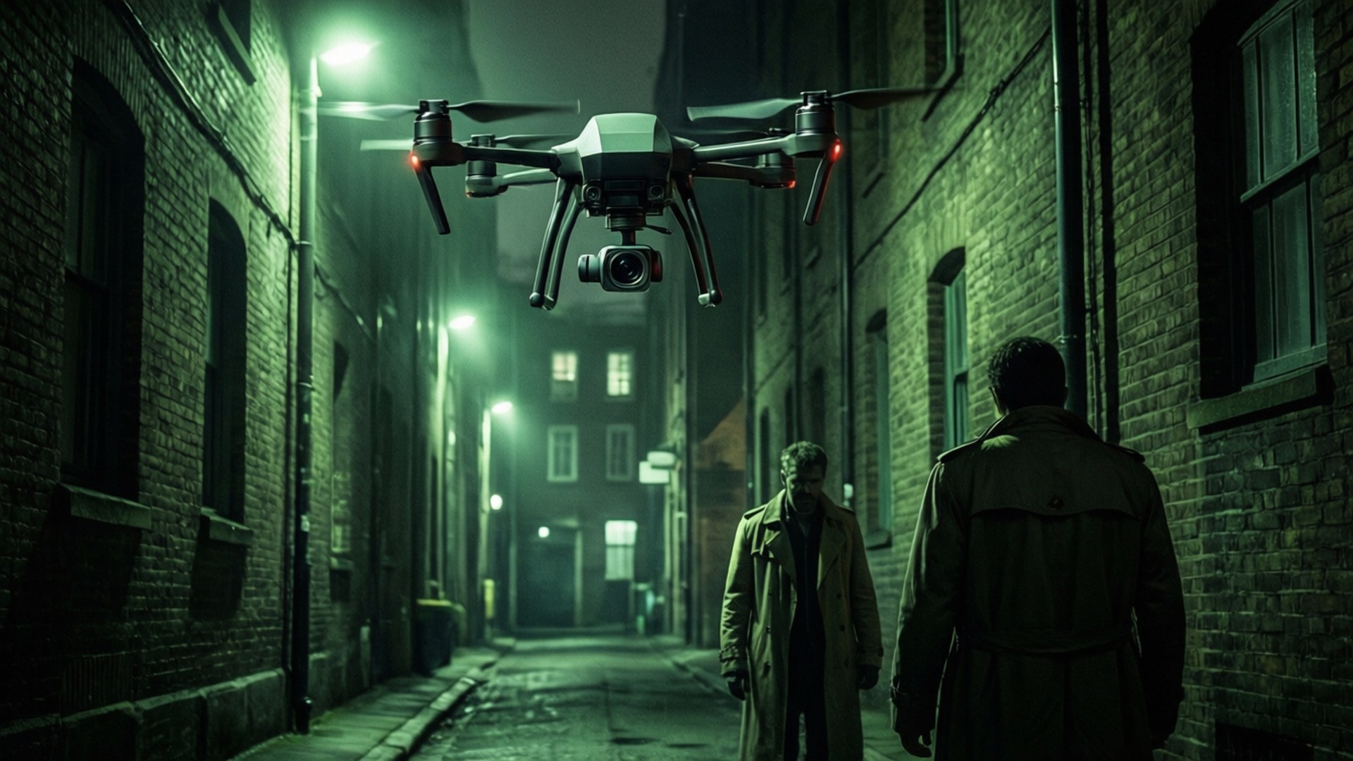 Eye in the Sky 壁紙 — 一架無人機在夜間威脅性地盤旋在兩名穿著風衣的男子上方，他們正走在一條燈光昏暗的狹窄小巷中。