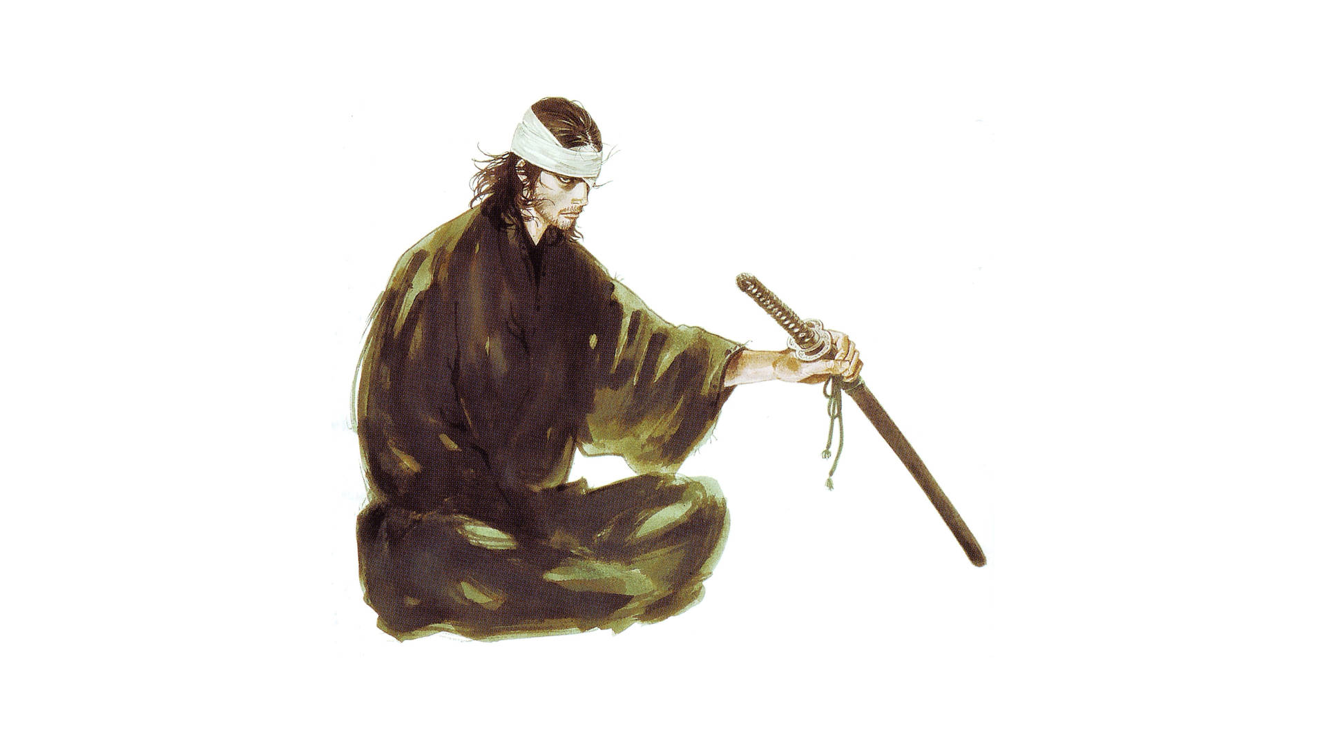 武士跪著手持武士刀，背景白色 — 日式藝術 壁紙