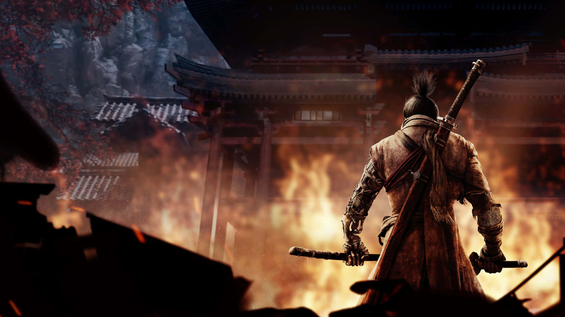  壁紙 — 一名武士在黃昏時分，背對著咆哮的火焰，站在一座燃燒的日本神社前。