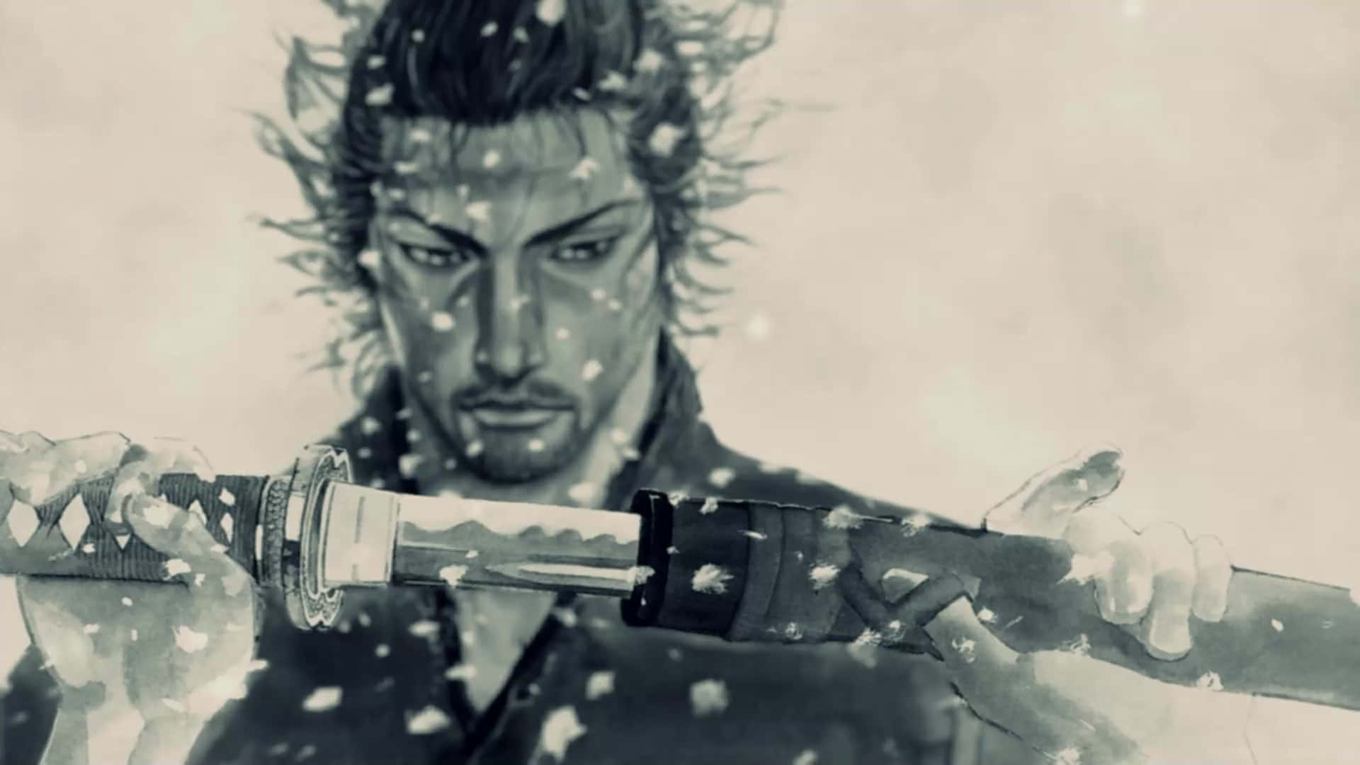  壁紙 — 一名武士戰士在雪景中緊握武士刀，表情專注而強烈。