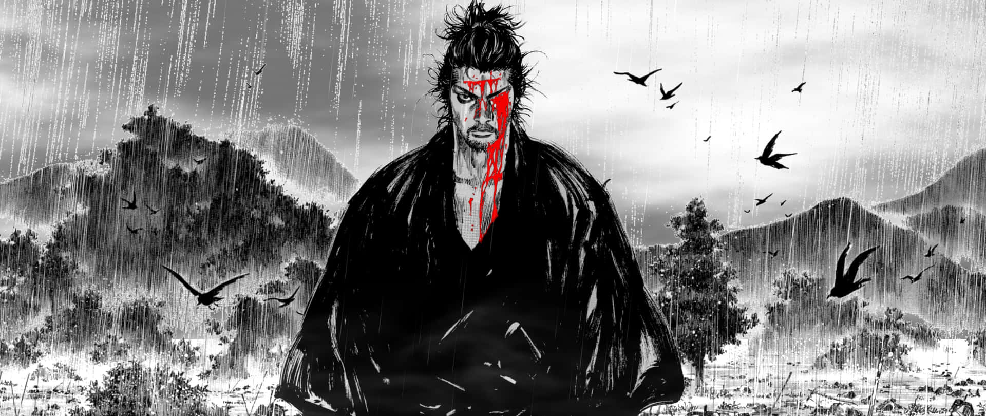  壁紙 — 一位武士戰士，鮮血從臉上流下，站在單色暴雨中，鳥兒在他周圍飛翔。