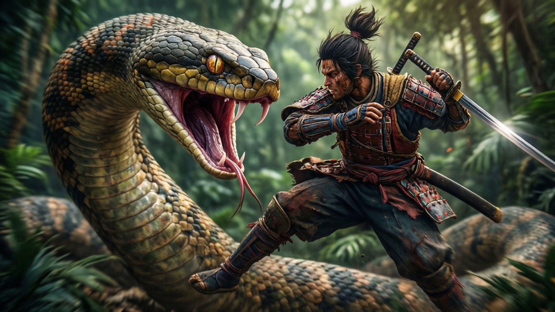 隻狼 桌布 壁紙 — 一名身穿戰鬥盔甲的武士戰士在茂密的叢林中與一條巨大的毒蛇對峙，陽光斑駁。