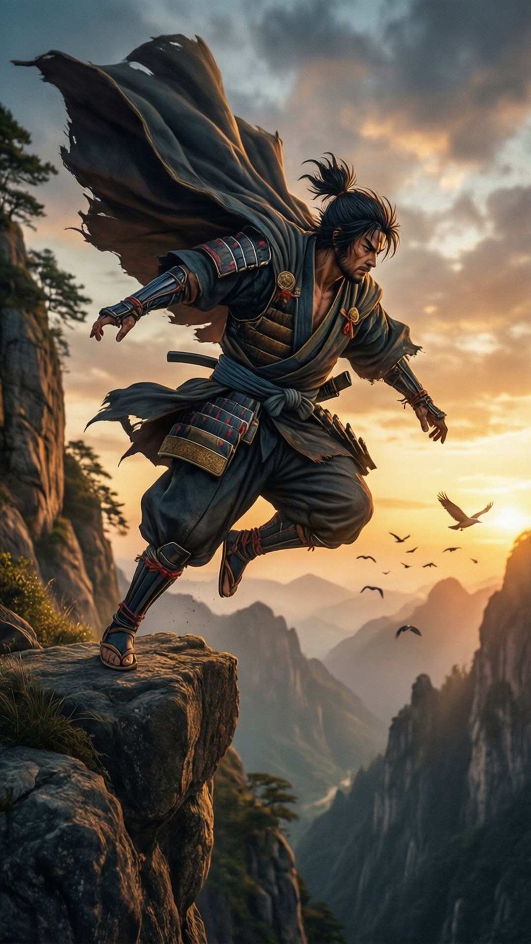 Leap of Faith 壁紙 — 一名武士戰士在日落時從懸崖邊躍下，斗篷飄揚，鳥兒飛過。