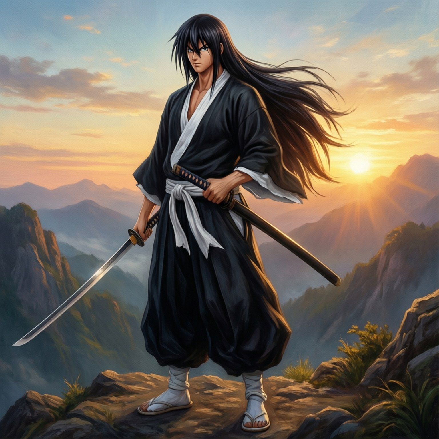 Ichigo Kurosaki 桌布 壁紙 — 一位長黑髮的武士戰士站在日落時分的山崖頂上，手持武士刀，身後是霧氣繚繞的山峰。