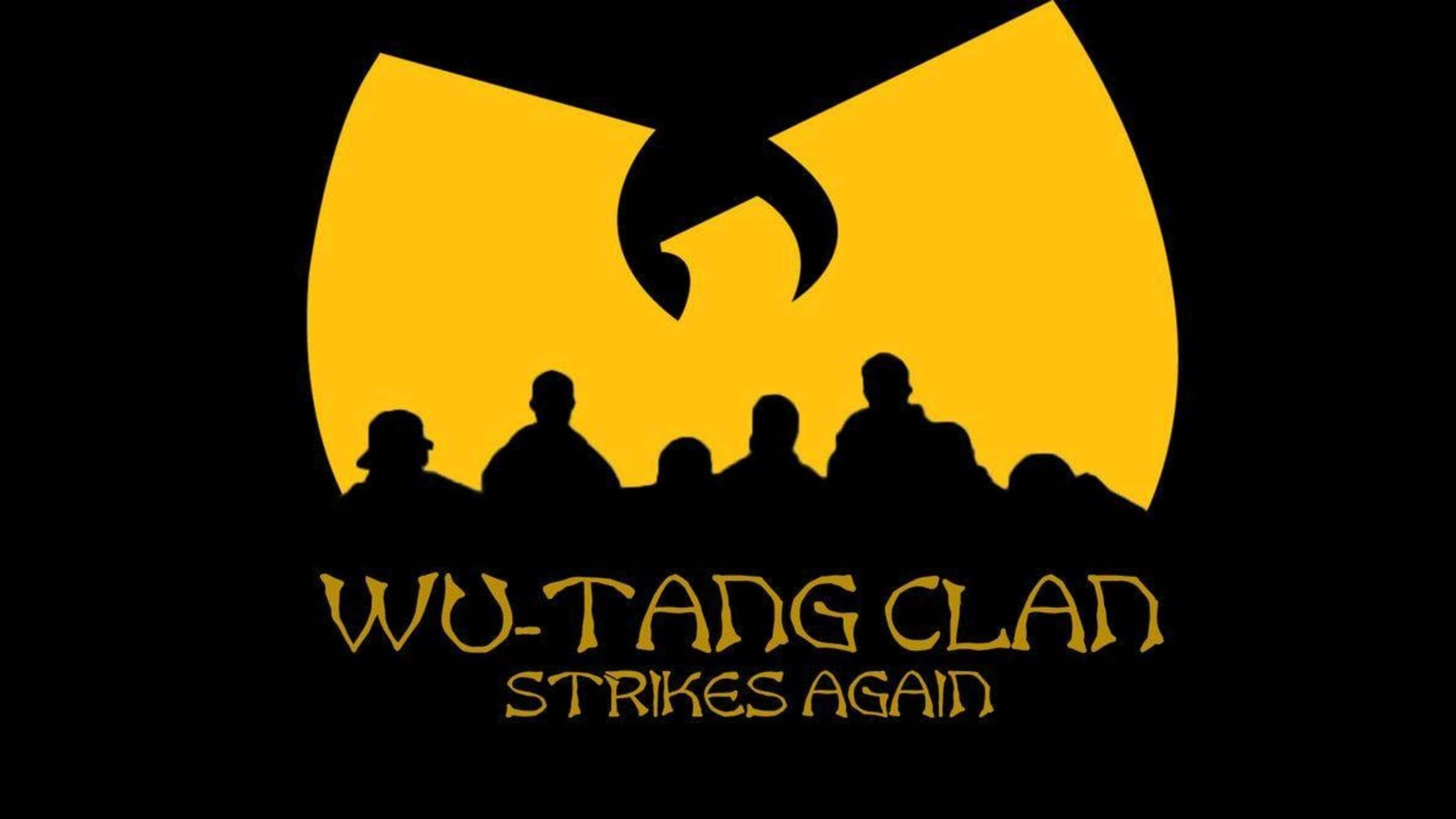 hiphop 桌布 壁紙 — Wu-Tang Clan 成員以剪影形式站在黑色背景前一個大膽的黃色 Wu 標誌前，並帶有文字 Wu-Tang Clan Strikes Again。