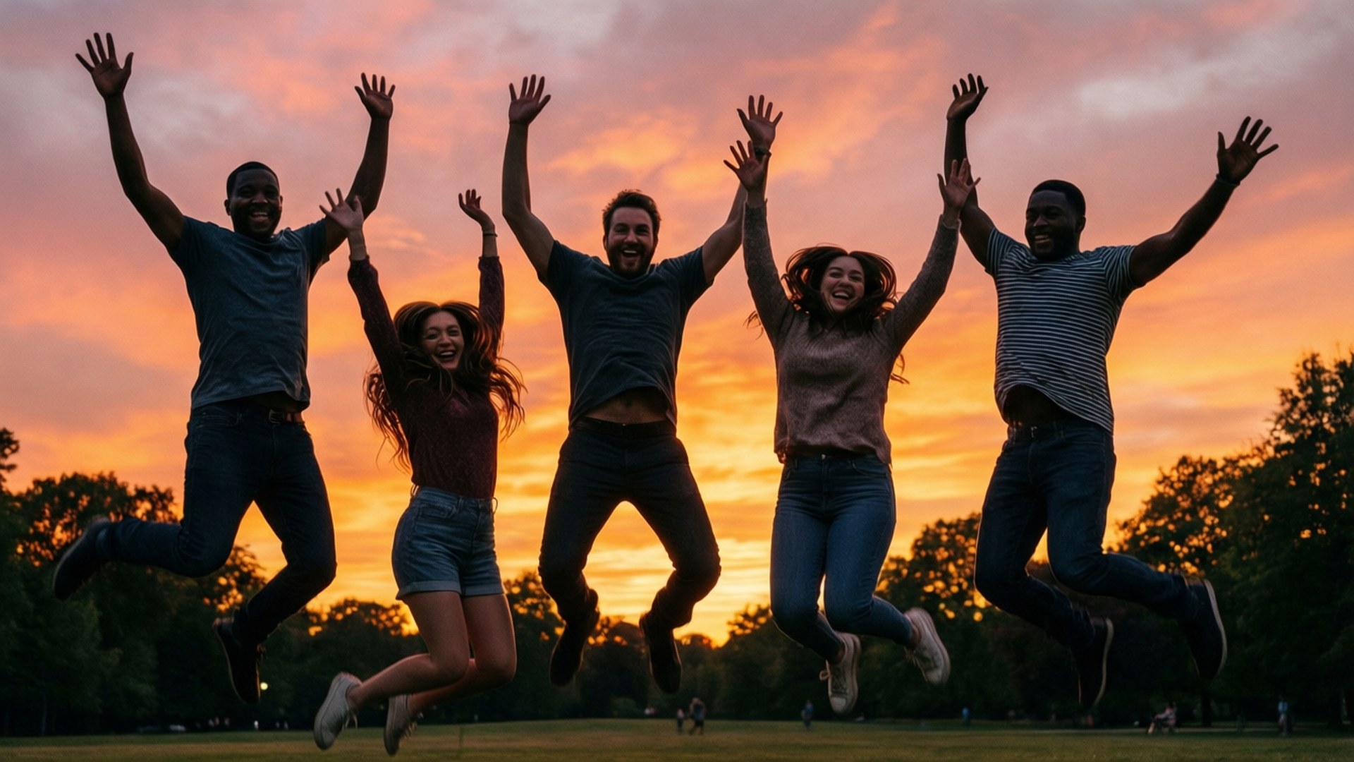 Happy Friends Jumping 壁紙 — 五位快樂的朋友在充滿活力的橙色和粉紅色日落天空下跳躍。