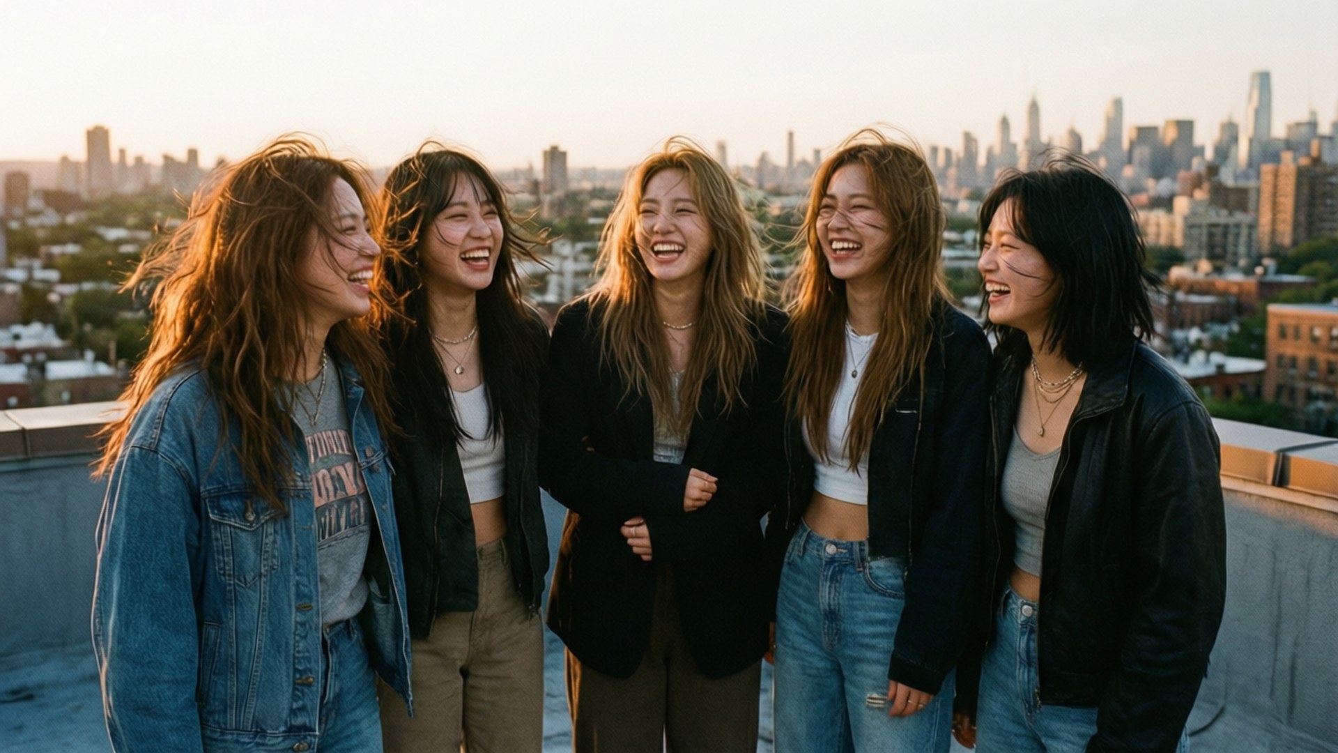 Rooftop Sunset Laughter 壁紙 — 五位年輕女性在天臺上一起大笑，金色夕陽照亮了她們的頭髮，背景是廣闊的城市天際線。