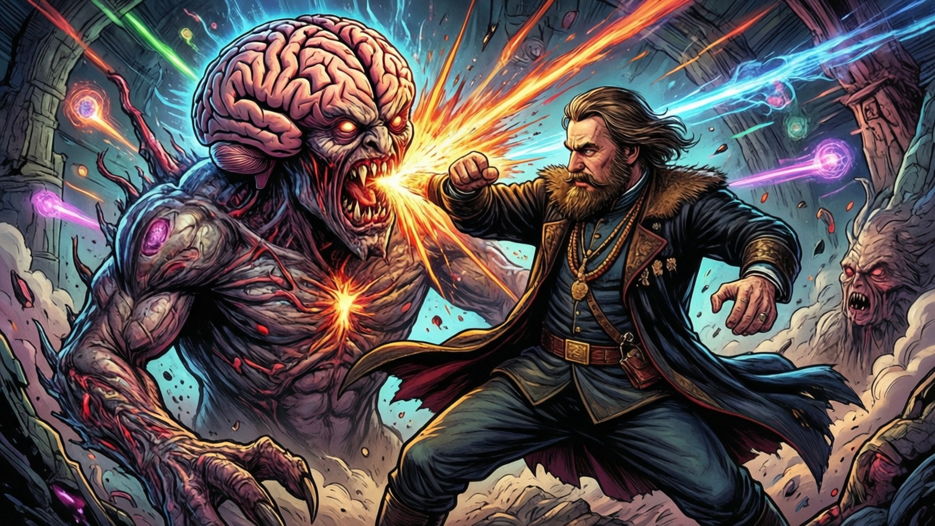 Brain Monster Battle 壁紙 — 一個鬍鬚男人穿著深色外套，在崩塌的廢墟中拳擊一個發出彩色能量光束的巨型大腦怪物。
