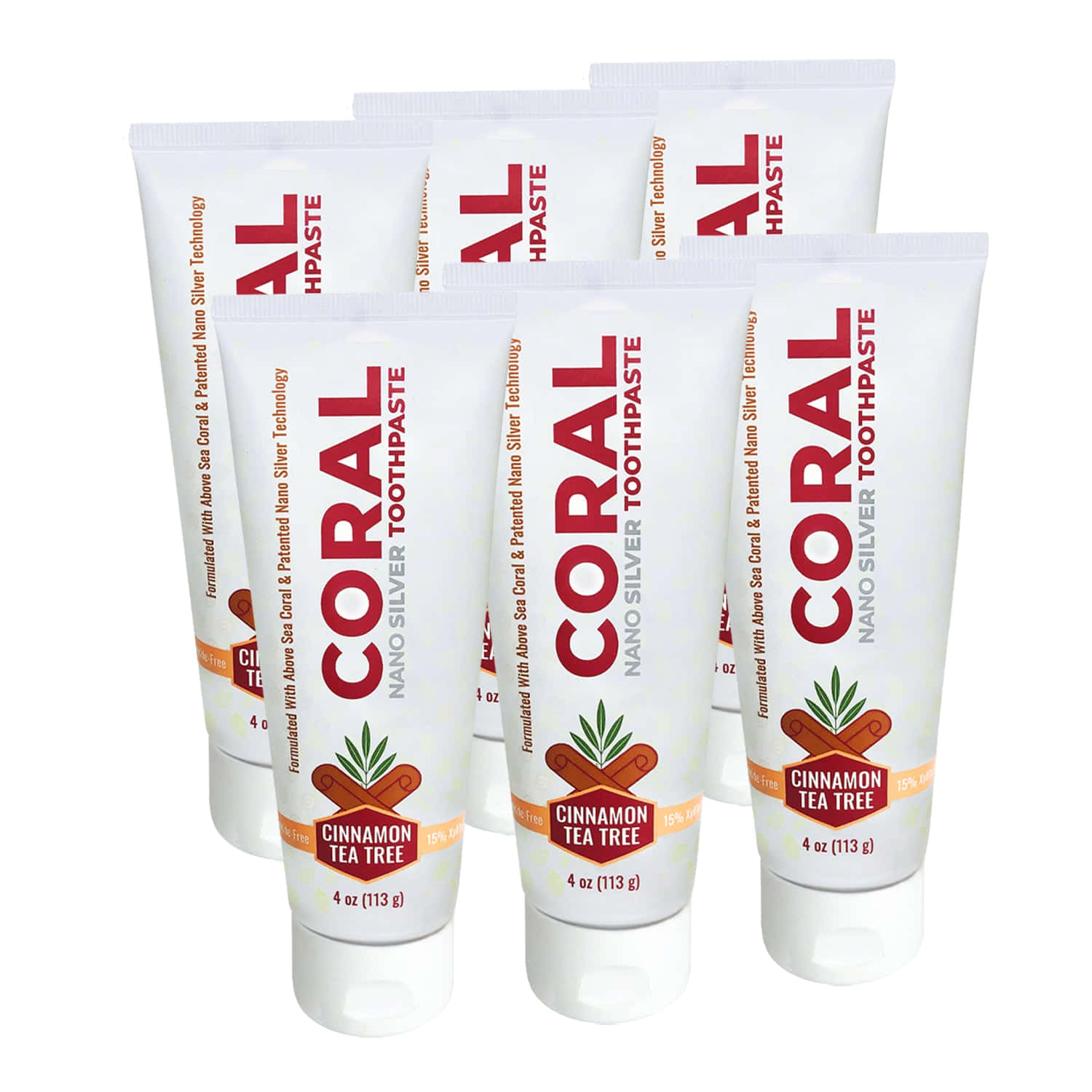  壁紙 — 五支白色Coral Nano Silver牙膏（肉桂茶樹風味）以交錯排列的方式放在潔白背景上。