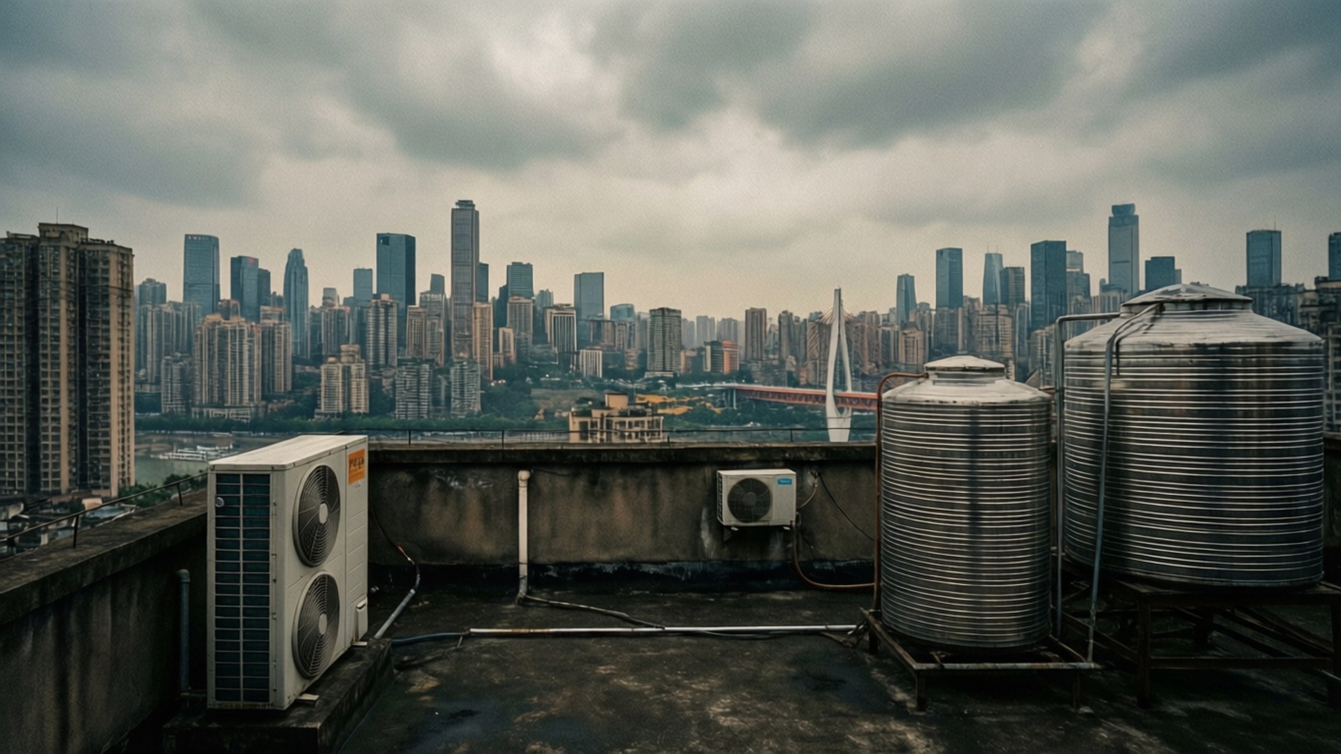 Rooftop Vintage Mood 壁紙 — 一個屋頂上有金屬水塔和空調機，俯瞰著陰天下一片廣闊的城市景觀。