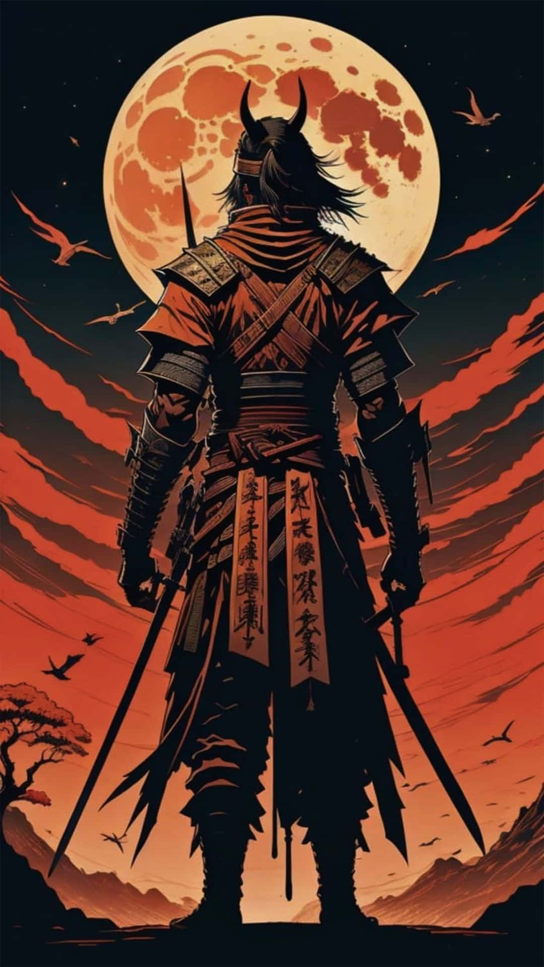 全副武裝的武士戰士手持刀劍，在血紅色的月亮下，鳥兒在熾熱的天空中飛翔 — 動漫風格 壁紙