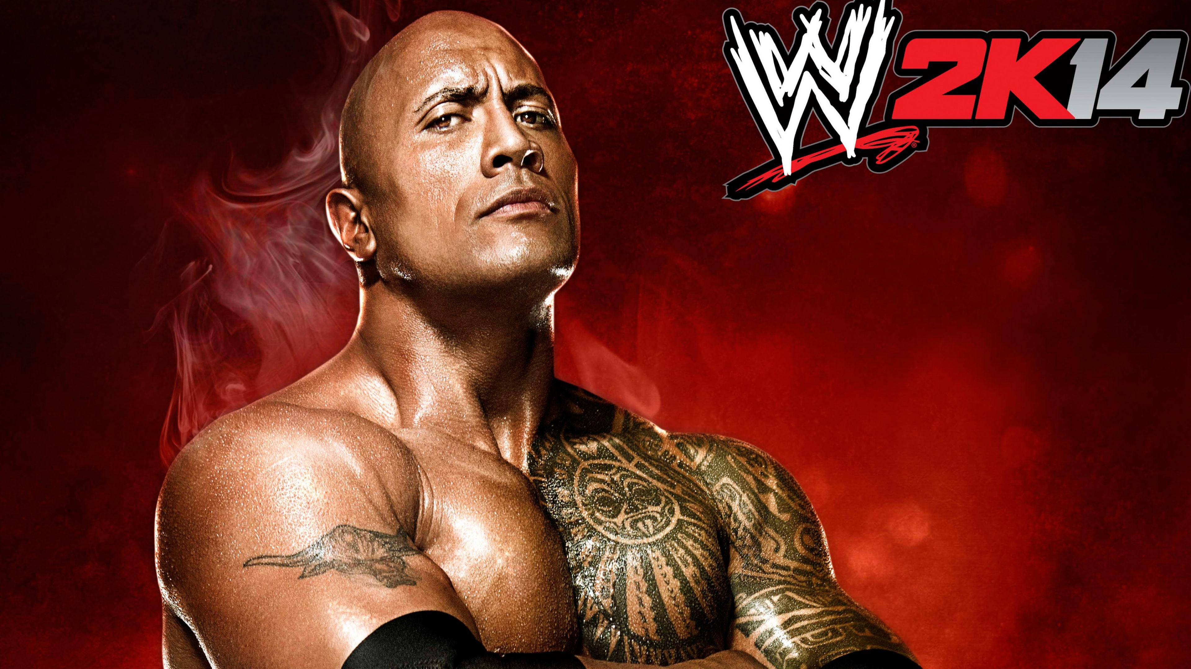 摔角 桌布 壁紙 — WWE 2K14 中飾演 The Rock 的 Dwayne Johnson，帶有刺青和強烈眼神，背景為煙霧瀰漫的紅色。